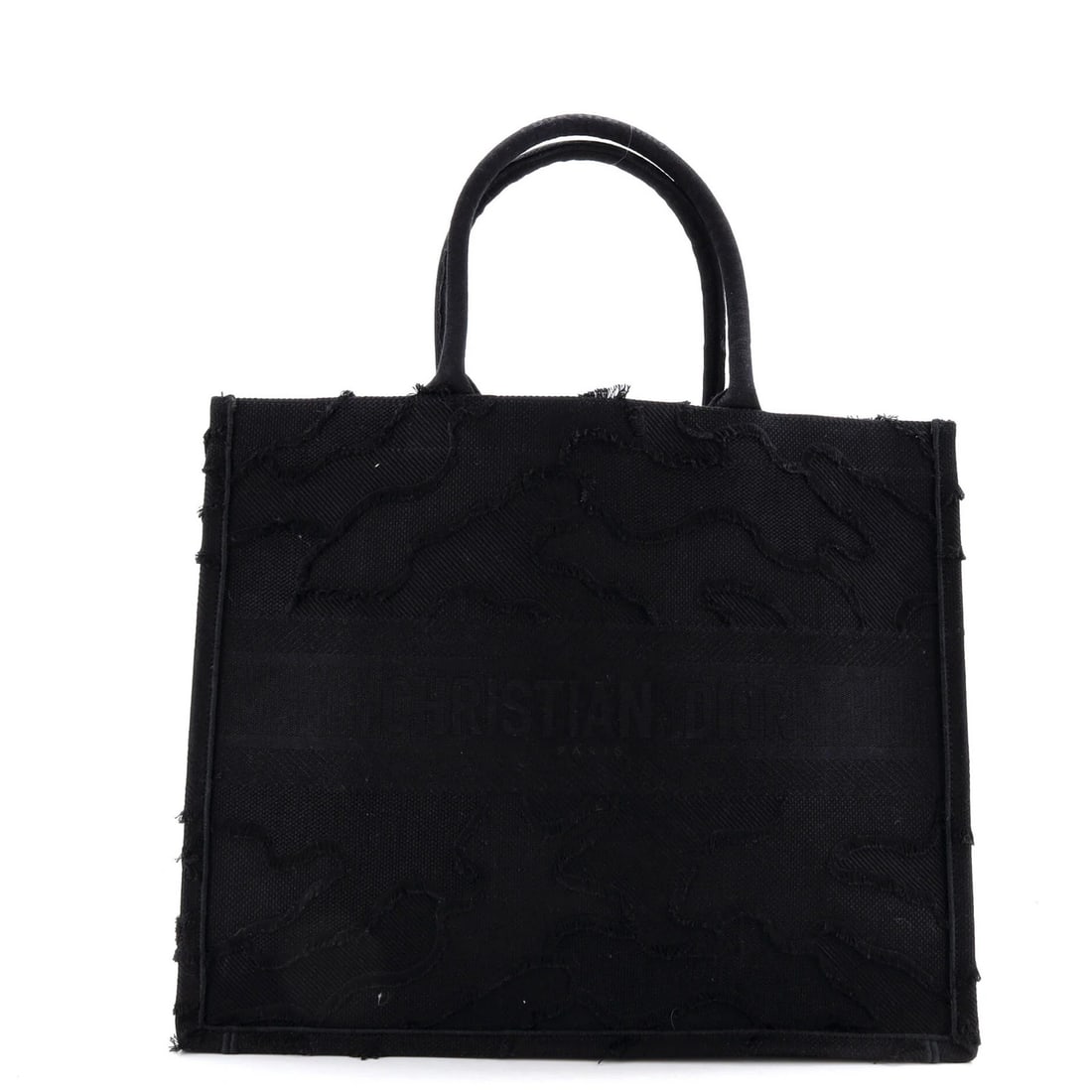 Christian Dior Book Canvas Tote Large Camouflage Embroidered: Christian Dior Book Canvas Tote Large Camouflage Embroidered Black canvas tote bag with camouflage embroidery, featuring a classic Christian Dior Book Tote design in large size. The exterior shows sig