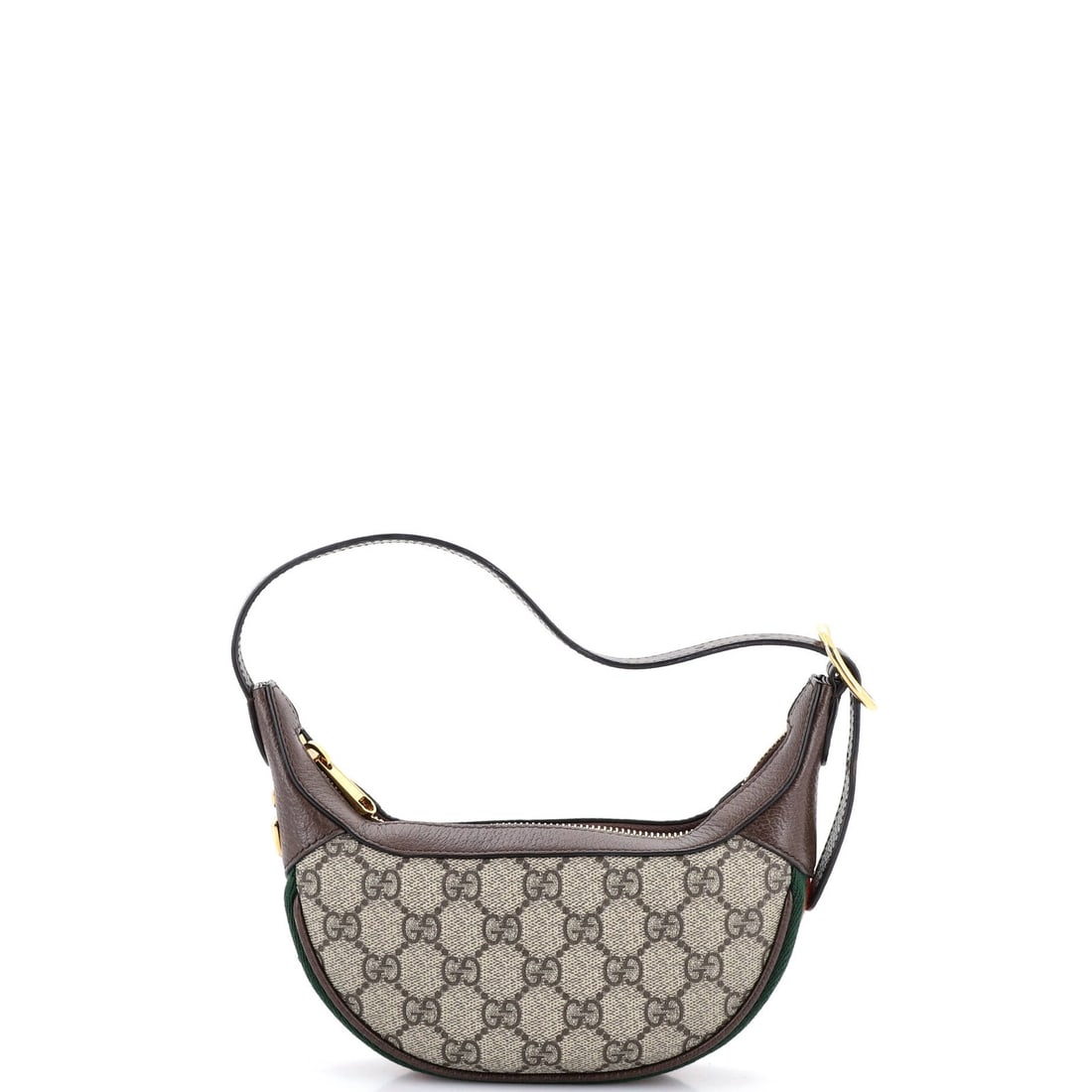 Ophidia Half Moon Bag Coated Canvas GG Mini: Ophidia Half Moon Bag Coated Canvas GG Mini The Ophidia Half Moon Bag Coated Canvas GG Mini boasts a rich, brown exterior with a subtle sheen, crafted from a durable canvas-coated leather. Its compact