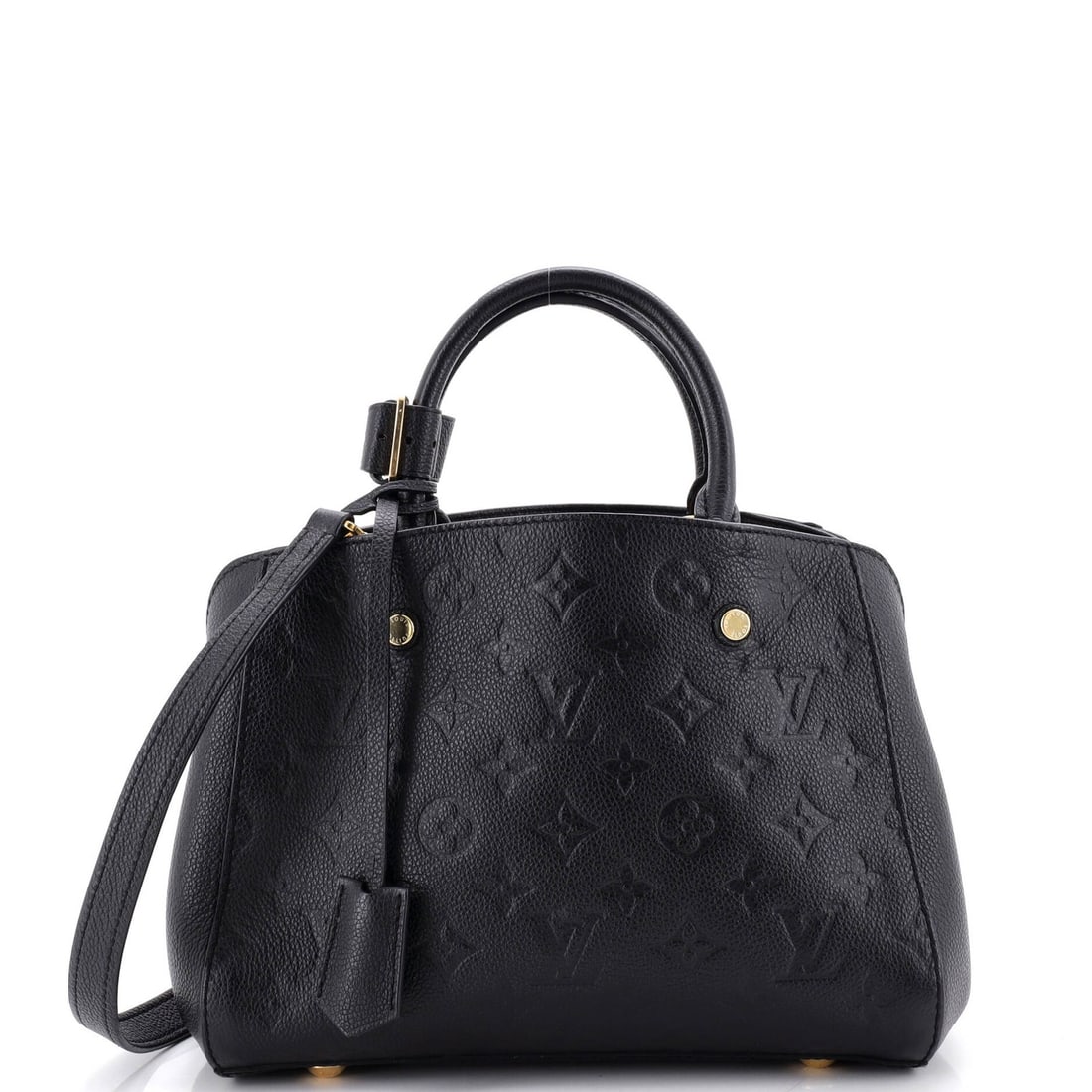 Louis Vuitton Montaigne Handbag Monogram Empreinte Leather BB: Louis Vuitton Montaigne Handbag Monogram Empreinte Leather BB Black Monogram Empreinte Leather BB Louis Vuitton Montaigne Handbag with Keys Lock Poignon Clochette and Strap, featuring heavy edge wear,
