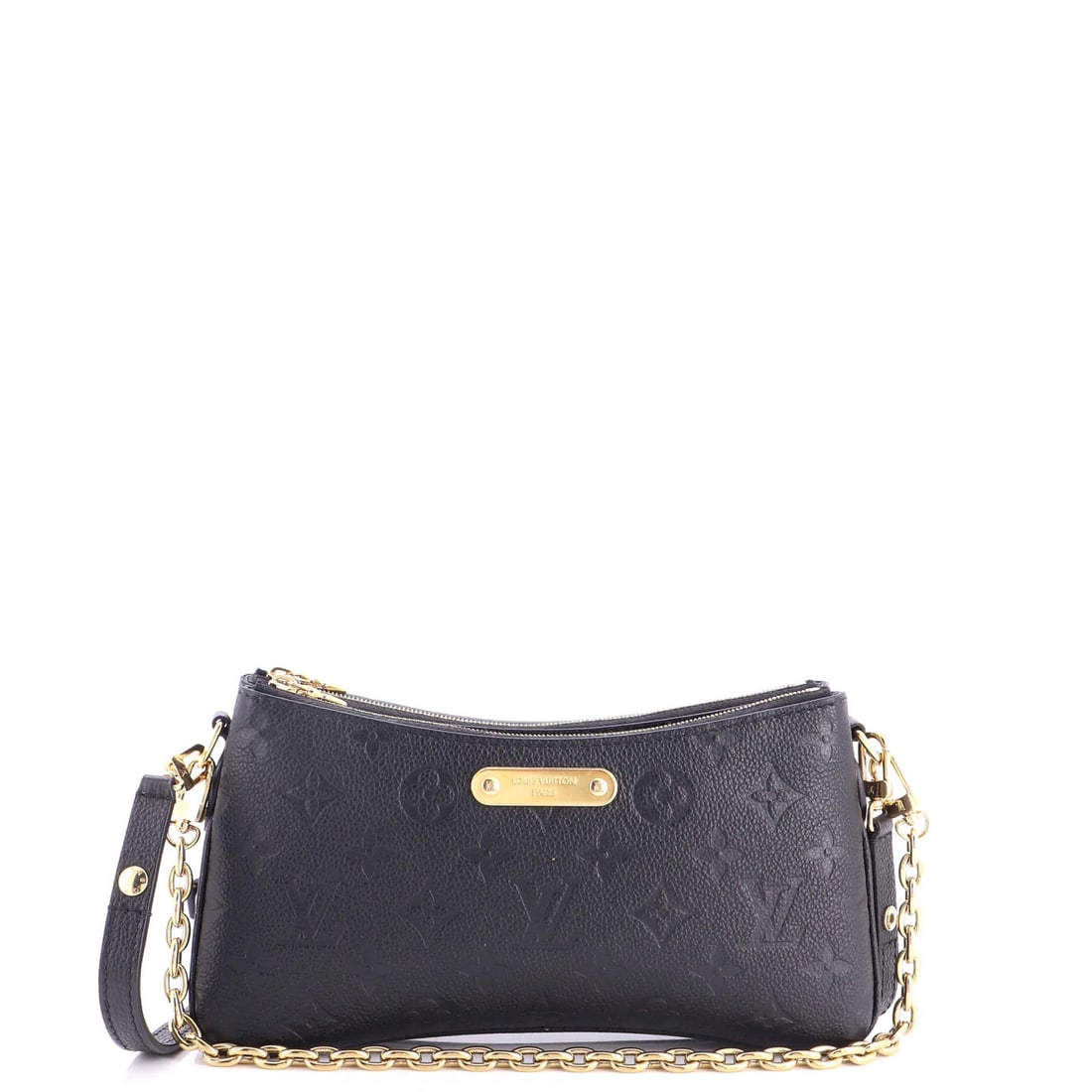 Louis Vuitton Liv Pochette Monogram Embossed Leather: Louis Vuitton Liv Pochette Monogram Embossed Leather Black Louis Vuitton Liv Pochette Monogram Embossed Leather shoulder bag with heavy edge wear, scuffs, and stains. The bag's exterior features a