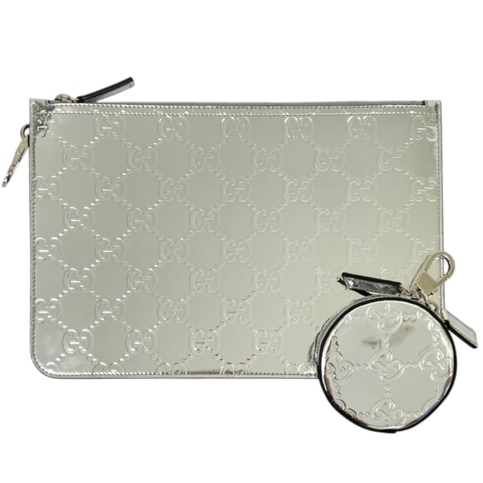 Clutch Bag Gucci: Clutch Bag Gucci Silver Gucci Clutch Bag, 20cm x 30cm in size, boasts a sleek and sophisticated design. This stylish clutch bag features a striking silver color that adds a touch of elegance to any