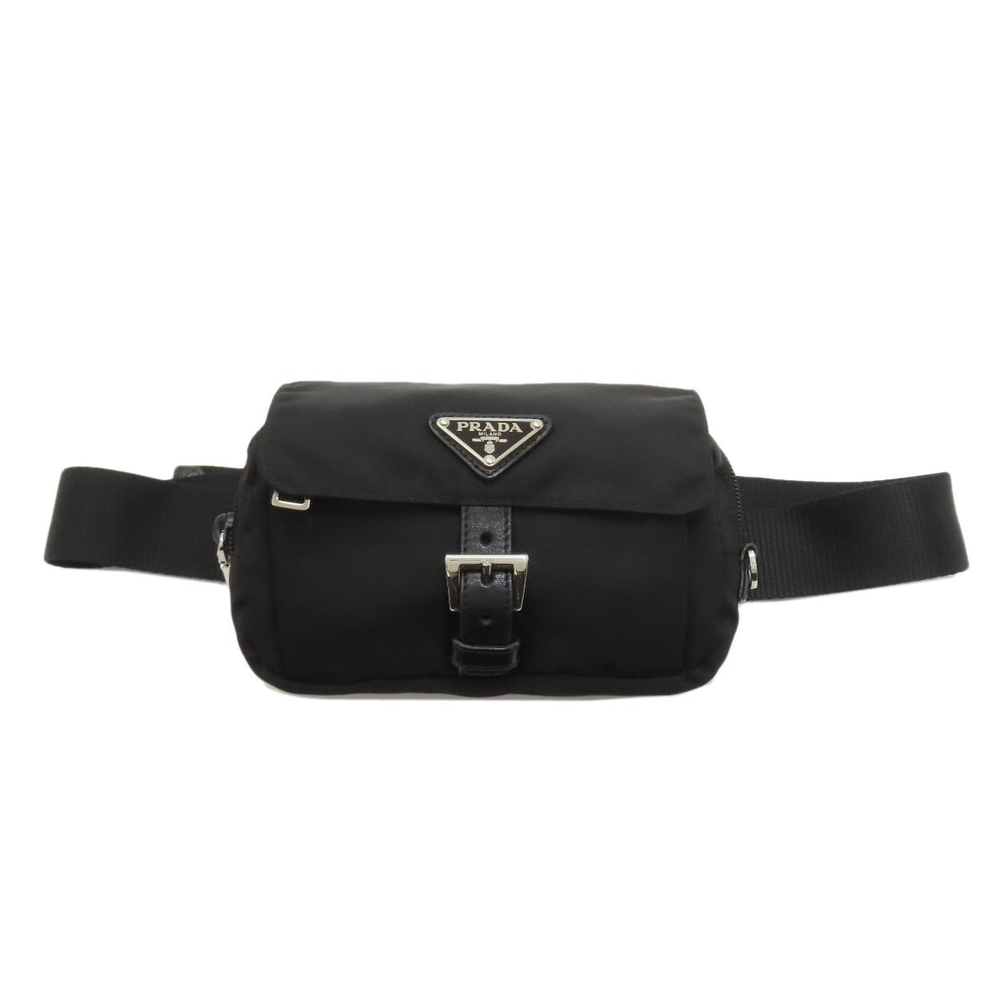 Logo Prada Hardware Hip Bag Nylon Waist: Logo Prada Hardware Hip Bag Nylon Waist Black Prada nylon waist bag with a classic hip bag design, featuring a sleek and modern aesthetic. The bag's durable nylon exterior provides a sturdy foundation