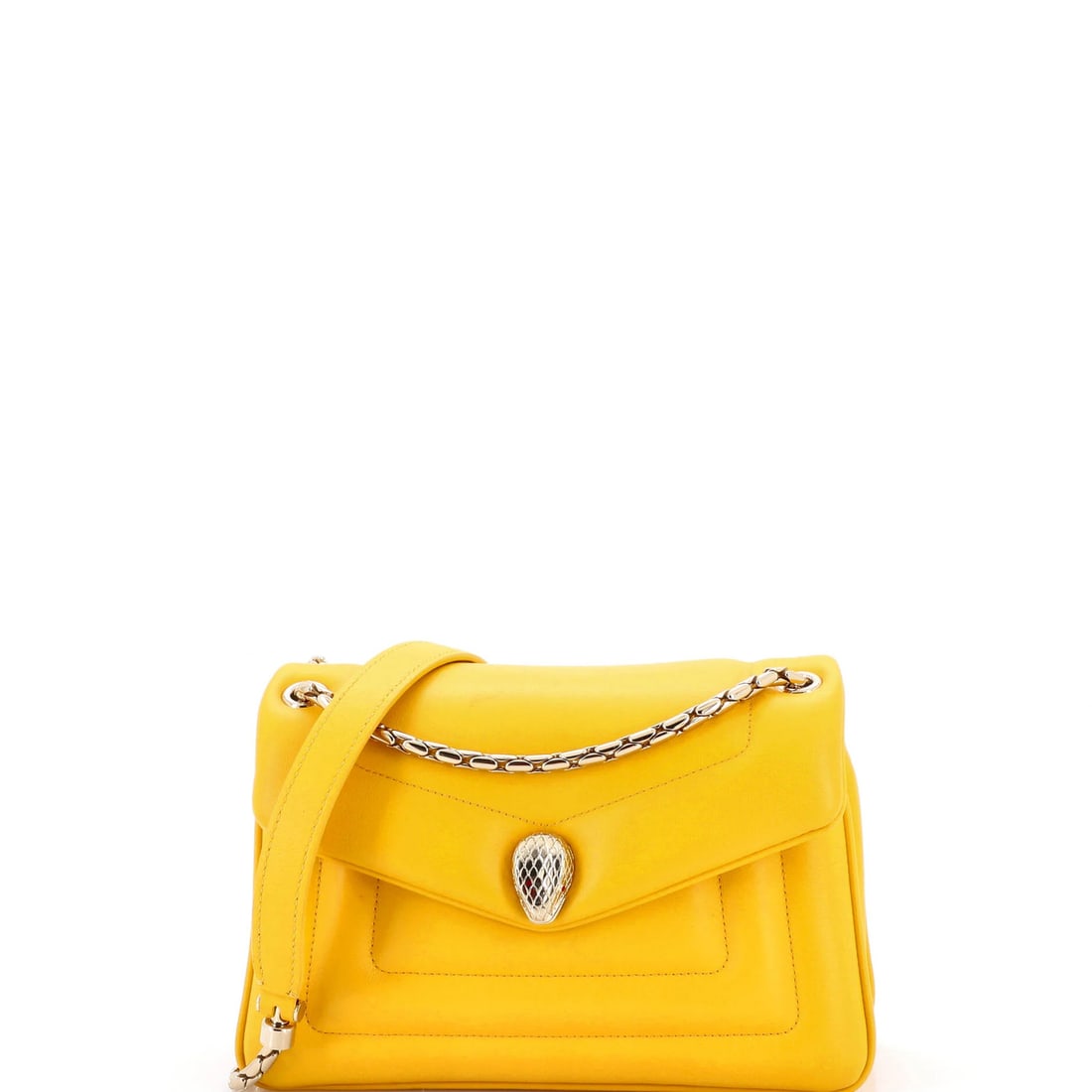 Bvlgari Serpenti Reverse Leather Small Bag: Bvlgari Serpenti Reverse Leather Small Bag Yellow Bvlgari Serpenti Reverse Leather Small Bag, featuring a bold exterior color and sleek design, measures 7" in height, 10" in width, and 2" in depth.