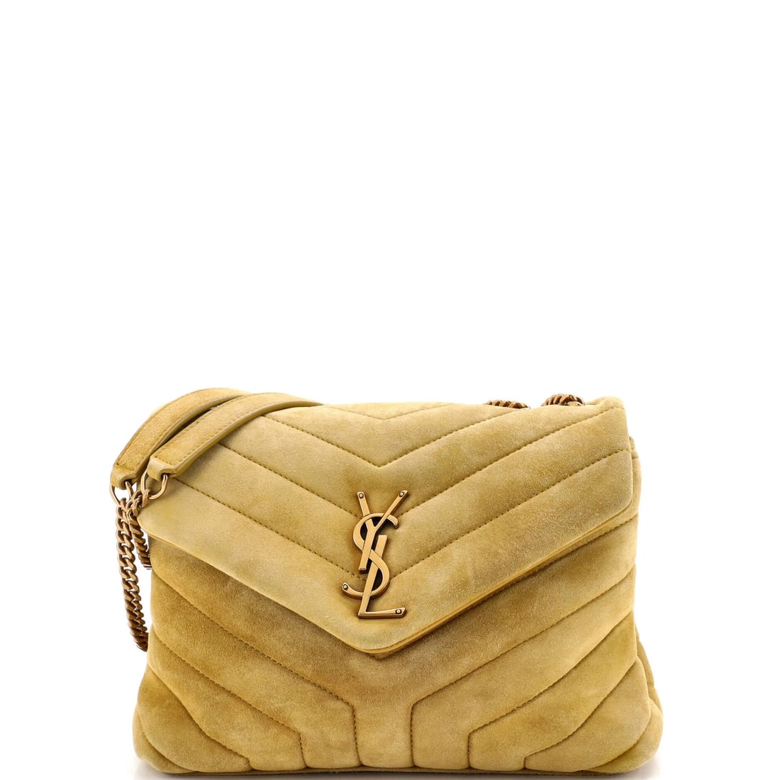 Matelasse Chevron Suede Small Loulou Shoulder Bag Saint Laurent: Matelasse Chevron Suede Small Loulou Shoulder Bag Saint Laurent Small Matelasse Chevron Suede Loulou Shoulder Bag in Yellow with Gold Hardware, featuring a classic Saint Laurent design. Measuring 7" i