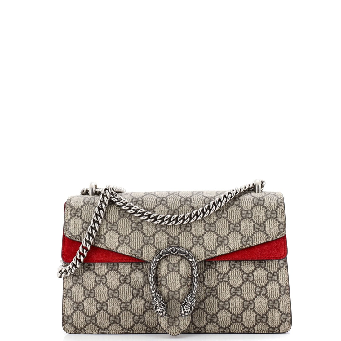 Small coated canvas bag GG Gucci Dionysus: Small coated canvas bag GG Gucci Dionysus Small GG Gucci Dionysus bag in coated canvas with a bold red exterior and matching suede interior, featuring aged silver hardware. Minor scuffs and creases ar