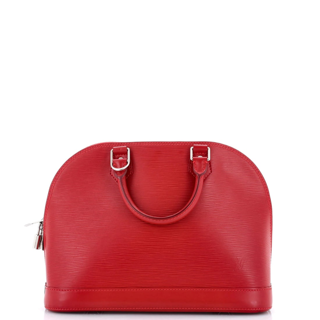 Vuitton Louis Alma Leather Epi Handbag: Vuitton Louis Alma Leather Epi Handbag Red Louis Vuitton Alma Leather Epi Handbag, featuring top handle and Epi leather exterior, measures 9" tall, 12" wide, and 6" deep, with 18-23" strap drop.