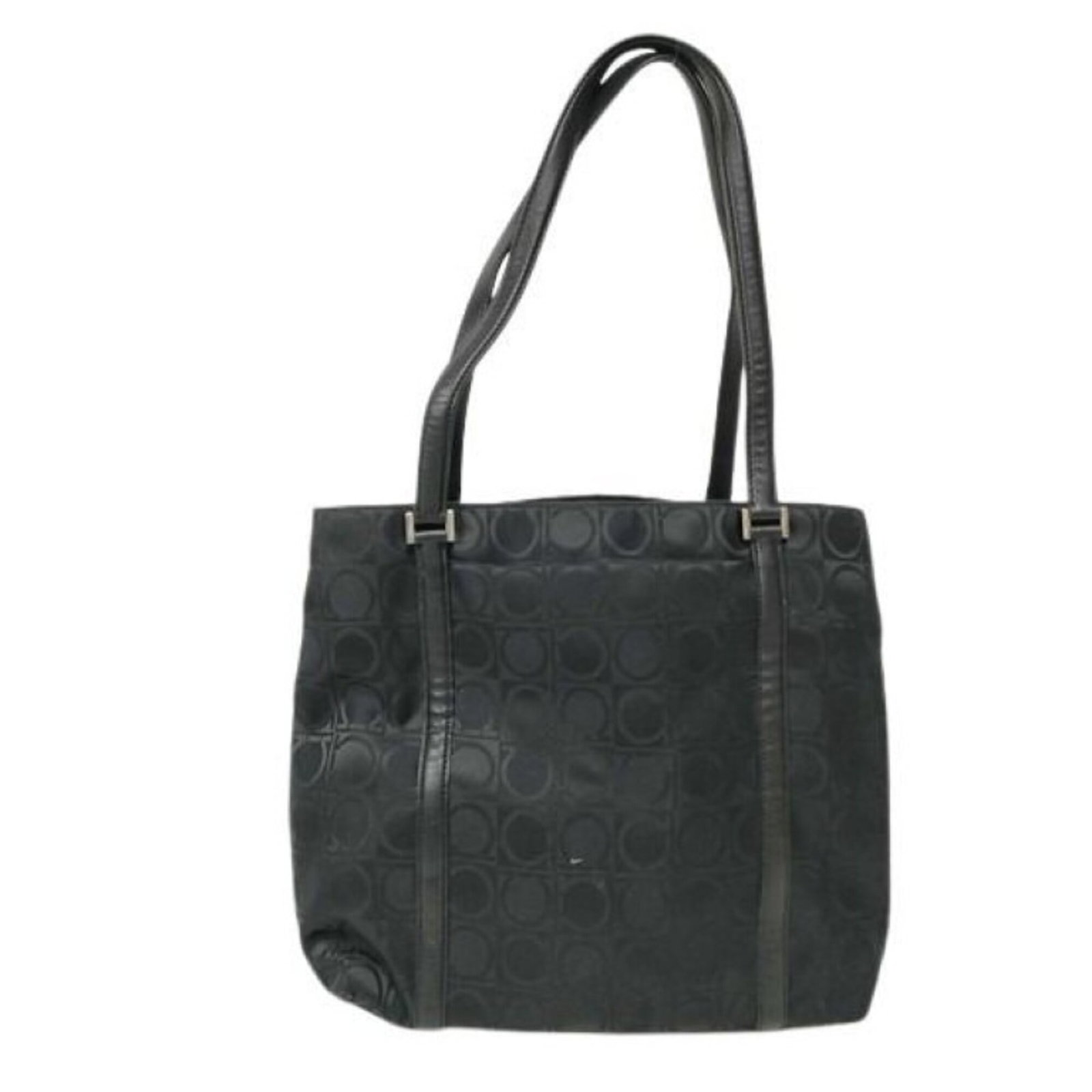 Salvatore Ferragamo Bag Nylon Leather: Salvatore Ferragamo Bag Nylon Leather Black nylon leather tote bag from Salvatore Ferragamo's Gancini line, featuring a sleek design with a zipper pocket and open pocket, measuring 27cm x 27cm x