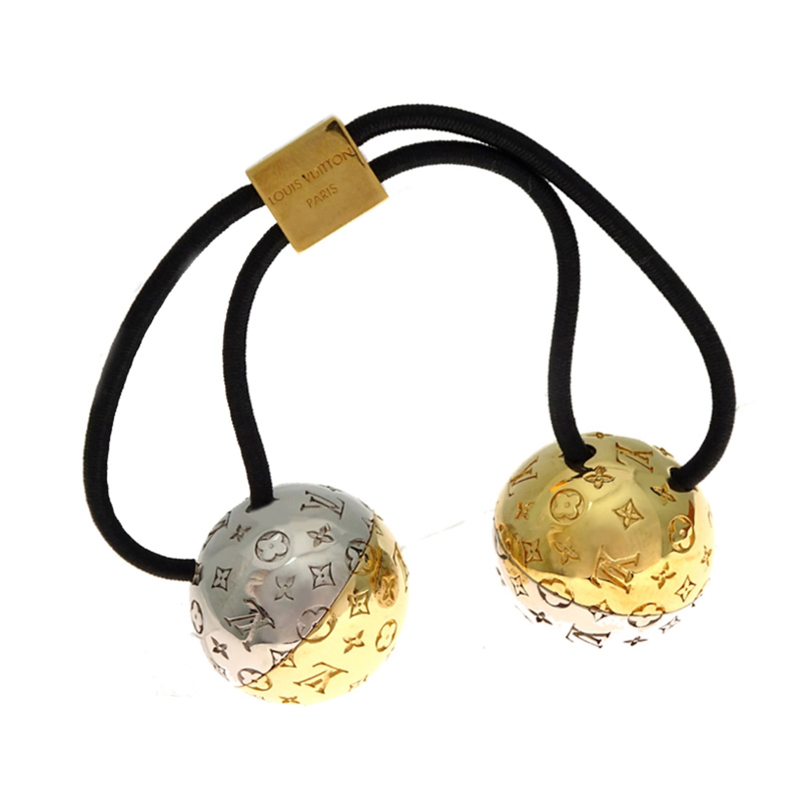 Leather Metal Hair Tie Louis Vuitton: Leather Metal Hair Tie Louis Vuitton Black, gold, and silver accents adorn this luxurious leather metal hair tie, a stylish accessory from Louis Vuitton. The item comes with a dust bag for added