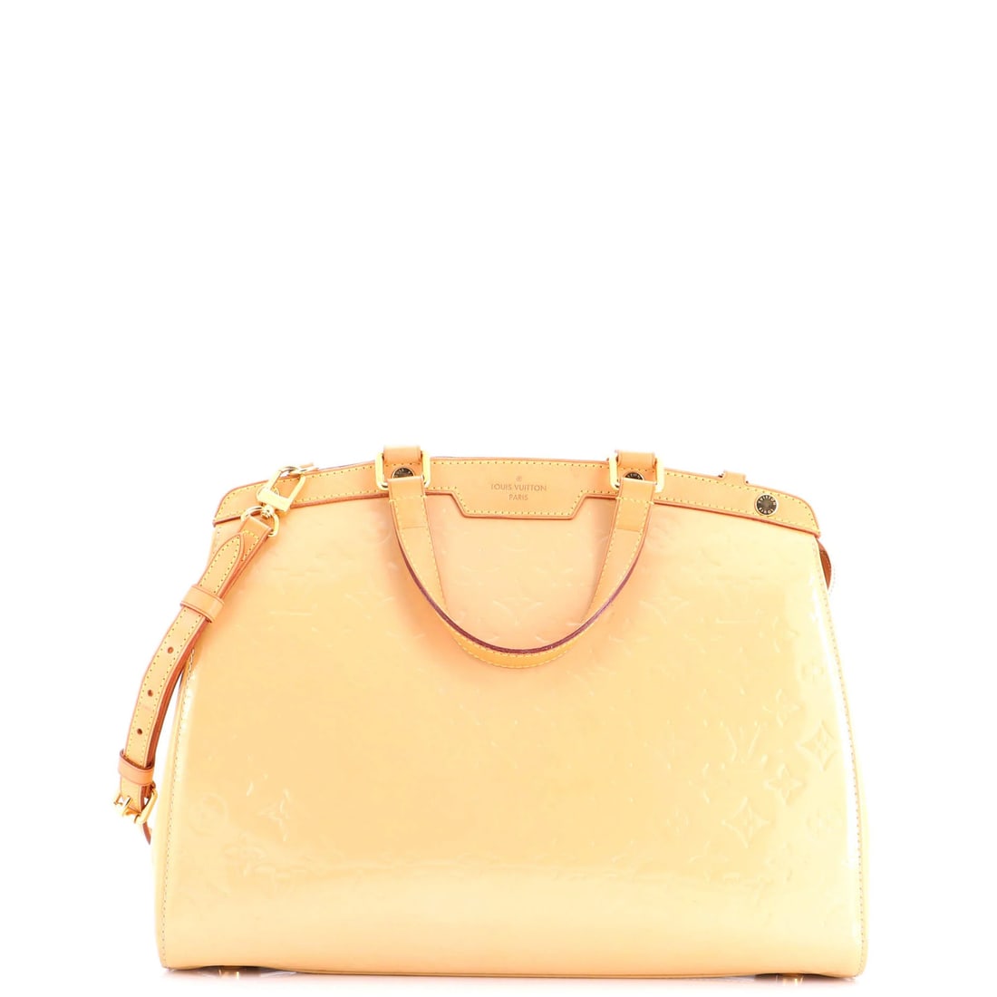 Monogram Vernis Brea Louis Vuitton Handbag: Monogram Vernis Brea Louis Vuitton Handbag Patent leather exterior and neutral color make this Louis Vuitton Brea Handbag a stylish choice. Measuring 11" tall and 14.5" wide, it features a gold-toned