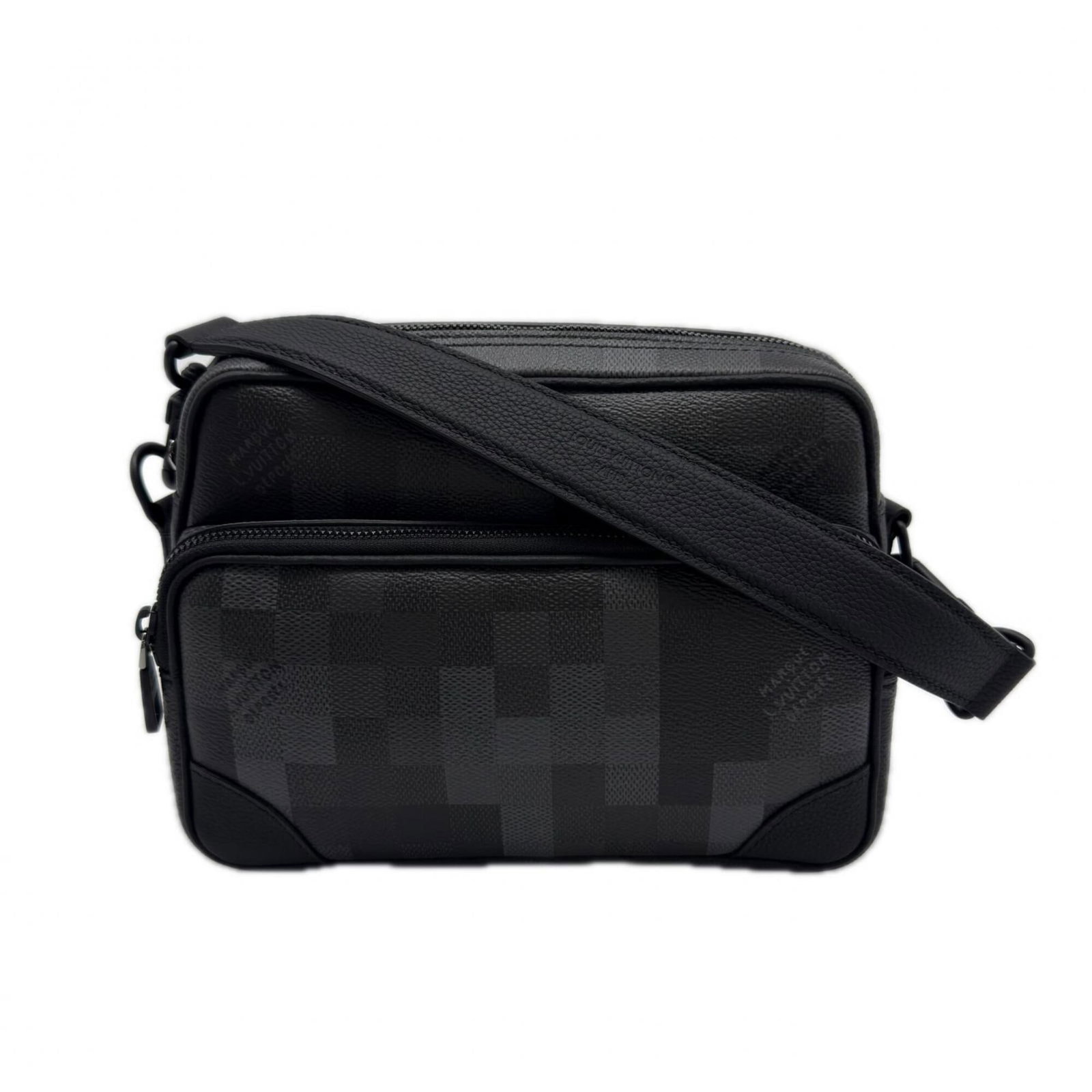 Coated Canvas Leather Louis Vuitton Shoulder Bag: Coated Canvas Leather Louis Vuitton Shoulder Bag Coated canvas and leather come together in this sleek Louis Vuitton shoulder bag, crafted in Spain with a signature M14988 monogram. The bag's black an