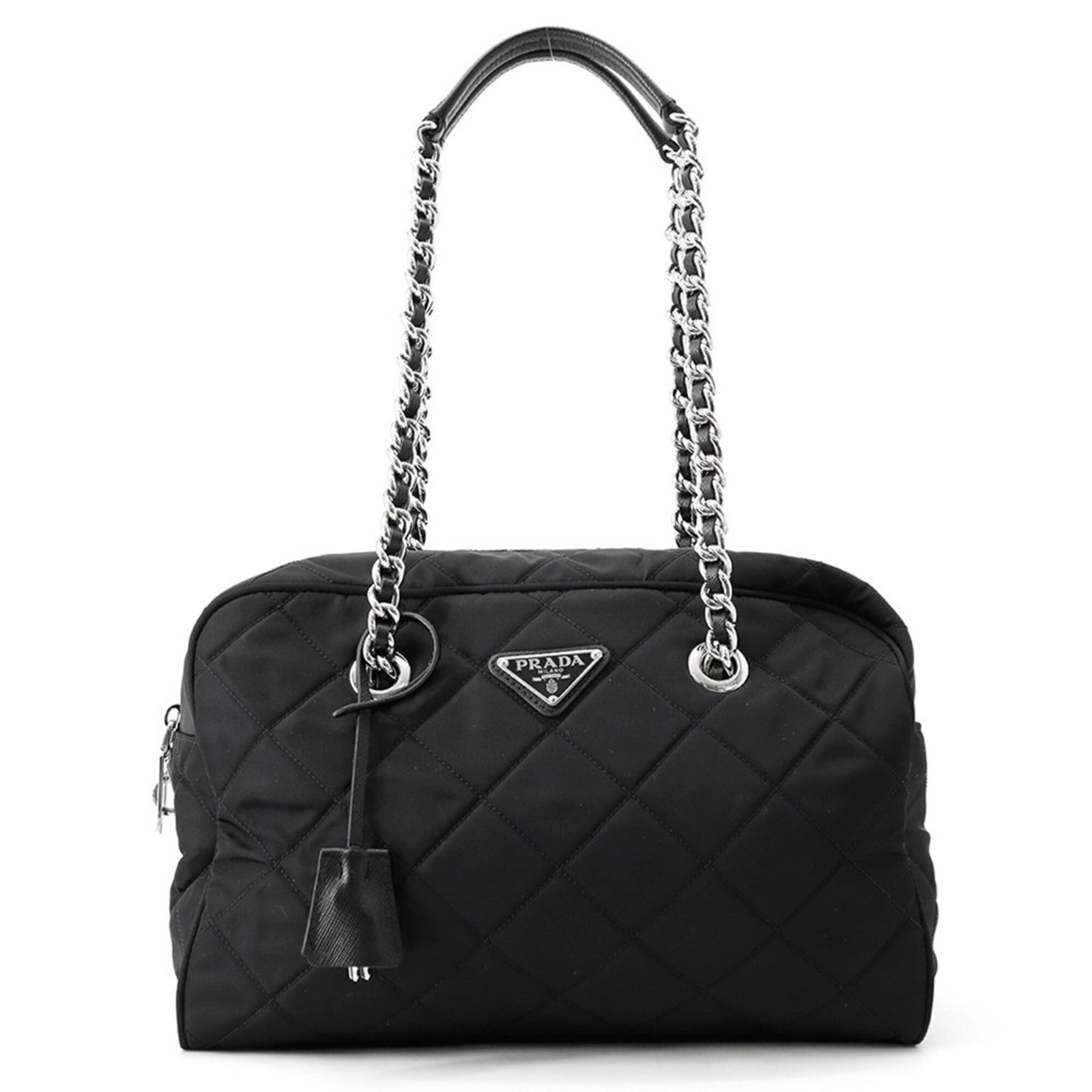 Shoulder Bag Nylon Handbag Prada: Shoulder Bag Nylon Handbag Prada The Prada Country of Origin: Turkey nylon shoulder bag boasts a sleek black design with silver hardware, measuring 20cm x 30cm x 11cm. Made from durable nylon, this st