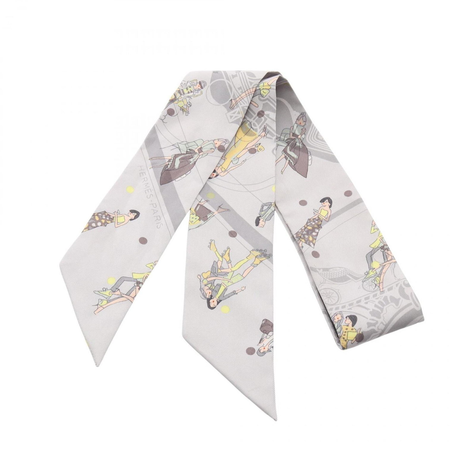 Silk Hermes Scarf: Silk Hermes Scarf Silk from the renowned French fashion house, this 85cm x 5cm gray, multi-color, and yellow silk scarf is a beautiful addition to any wardrobe. Made from high-quality silk, its