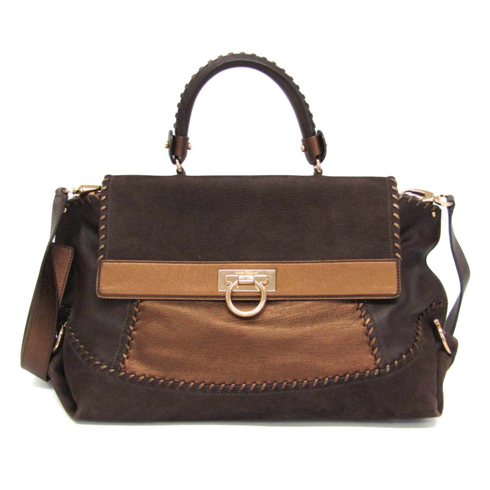 Ferragamo Handbag Leather Suede Shoulder Bag Salvatore: Ferragamo Handbag Leather Suede Shoulder Bag Salvatore The Salvatore Ferragamo Gancini Sophia DH-21 C032 C032 Bronze Brown Leather Suede Shoulder Bag is a stylish and versatile handbag. Its sleek