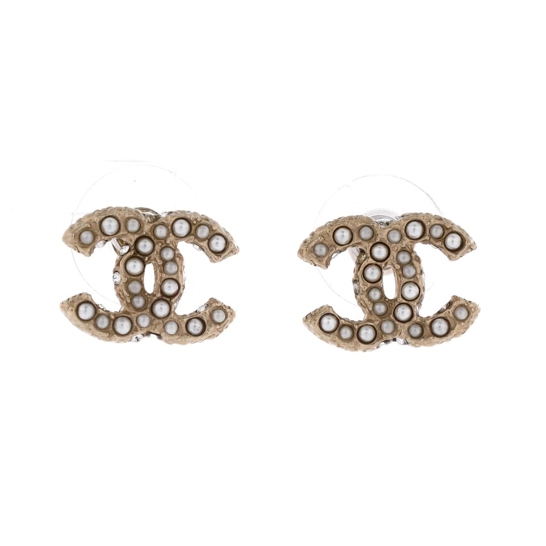 Chanel CC Stud Earrings Faux Pearls and Crystal Embellished Metal: Chanel CC Stud Earrings Faux Pearls and Crystal Embellished Metal Stud earrings from the iconic Chanel CC Stud Earrings design, featuring faux pearls and crystal embellishments in gold metal. The earr