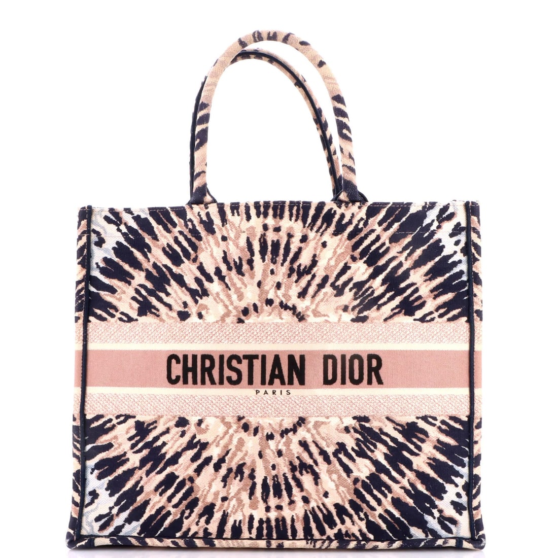 Christian Dior Embroidered Canvas Book Large Tote: Christian Dior Embroidered Canvas Book Large Tote This stunning Christian Dior embroidered canvas book tote boasts a striking large size and eye-catching print in blue and pink hues. The exterior