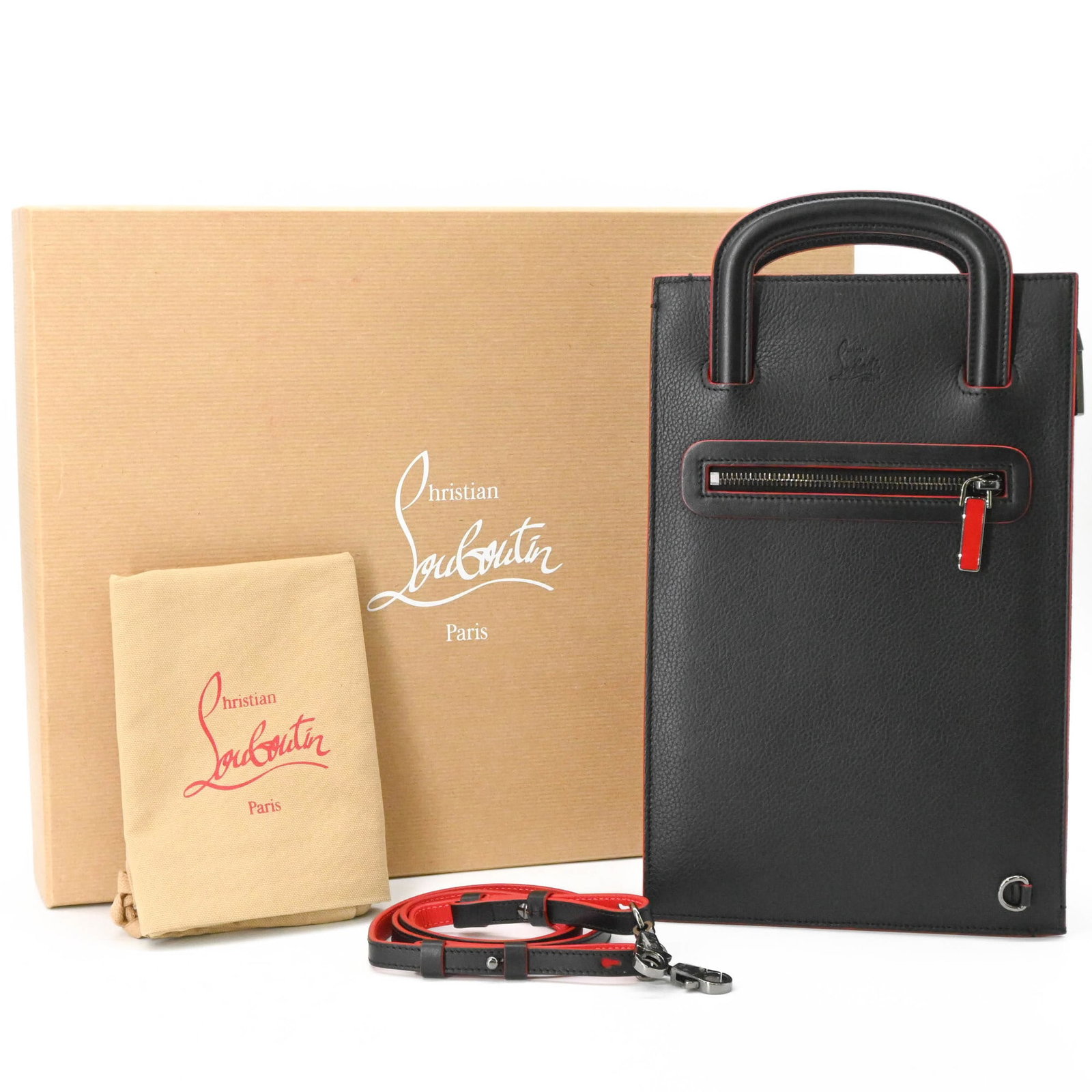 Christian Louboutin Clutch Bag Handbag Shoulder Bag Leather: Christian Louboutin Clutch Bag Handbag Shoulder Bag Leather Christian Louboutin's sleek black leather clutch bag boasts a striking red accent, showcasing the iconic brand's signature style. With its c