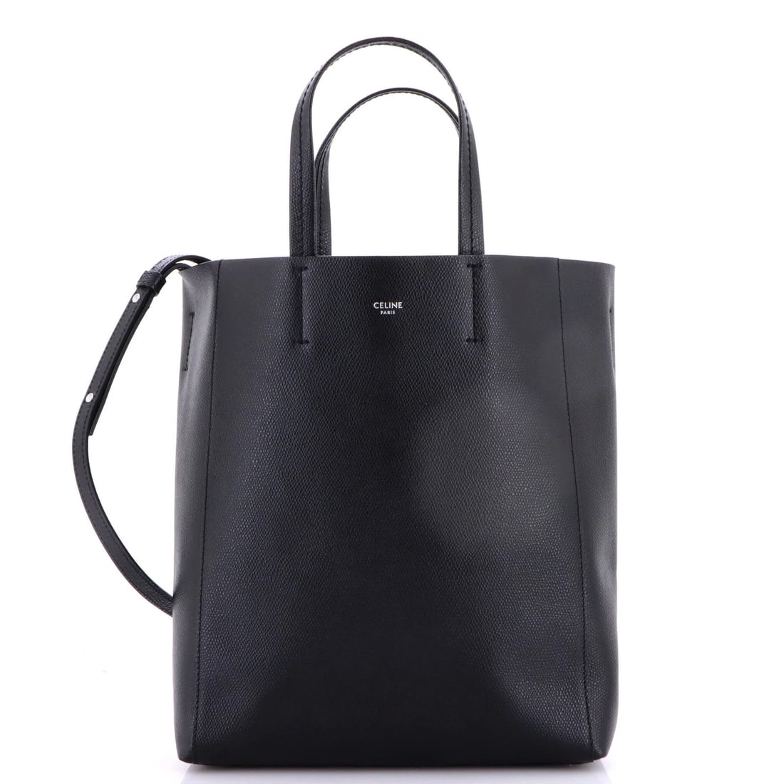 Calfskin Grained Tote Vertical Small Cabas Celine: Calfskin Grained Tote Vertical Small Cabas Celine Small Vertical Cabas Tote in Black Grained Calfskin Leather, featuring a classic Celine design with a silver buckle and raw leather interior.