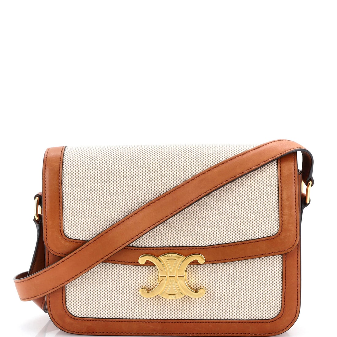 Shoulder Bag Canvas Celine Triomphe Medium Leather: Shoulder Bag Canvas Celine Triomphe Medium Leather The Celine Triomphe Medium Shoulder Bag features a unique canvas and leather combination, with a classic cross-body design and gold hardware.