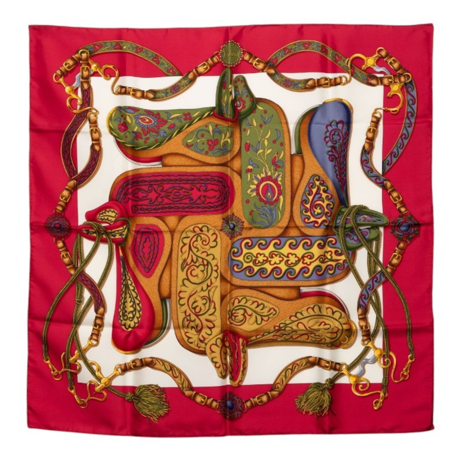 Silk Hermes Scarf: Silk Hermes Scarf Silk from the renowned French fashion house, this Hermes scarf boasts a vibrant multi-color design, a striking red accent, and elegant 90cm x 89cm silk dimensions. Made from