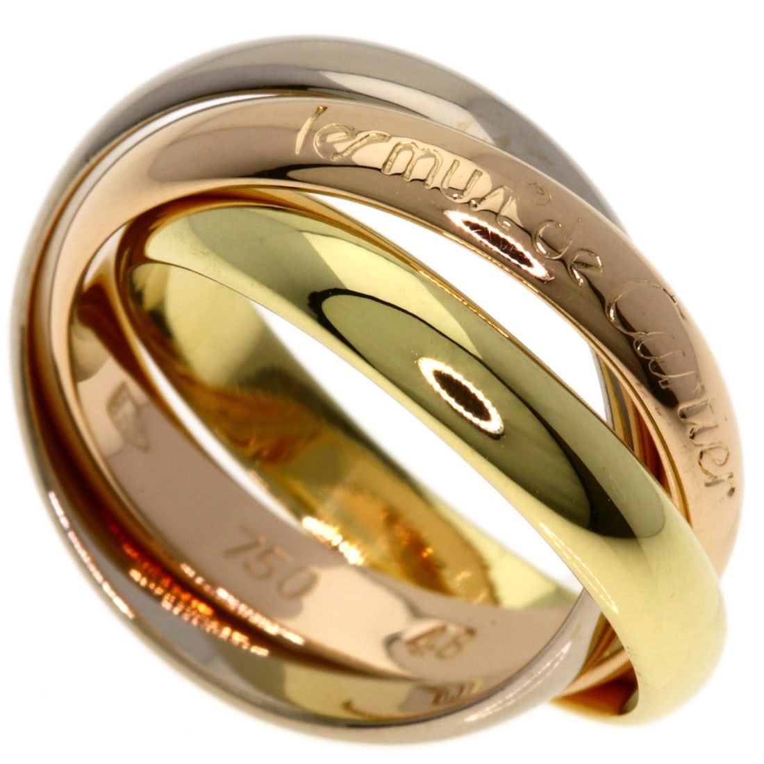Yellow Gold 18K Pink Gold Cartier Trinity Ring K18 #48: Yellow Gold 18K Pink Gold Cartier Trinity Ring K18 #48 Yellow Gold 18K Pink Gold Cartier Trinity Ring K18 #48 is a striking gold ring featuring the iconic Cartier Trinity design. This 18K K18 gold rin
