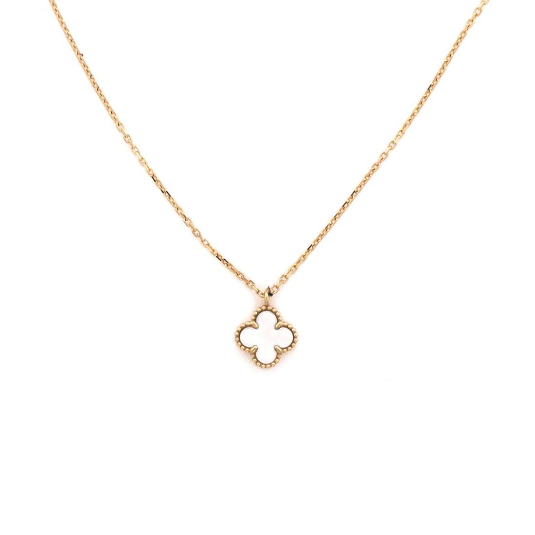 Alhambra Pendant Necklace 18K Yellow Gold Van Cleef & Arpels Mother: Alhambra Pendant Necklace 18K Yellow Gold Van Cleef & Arpels Mother 18K Yellow Gold Alhambra Pendant Necklace by Van Cleef & Arpels features a delicate 11.60mm pendant adorned with mother of pearl,