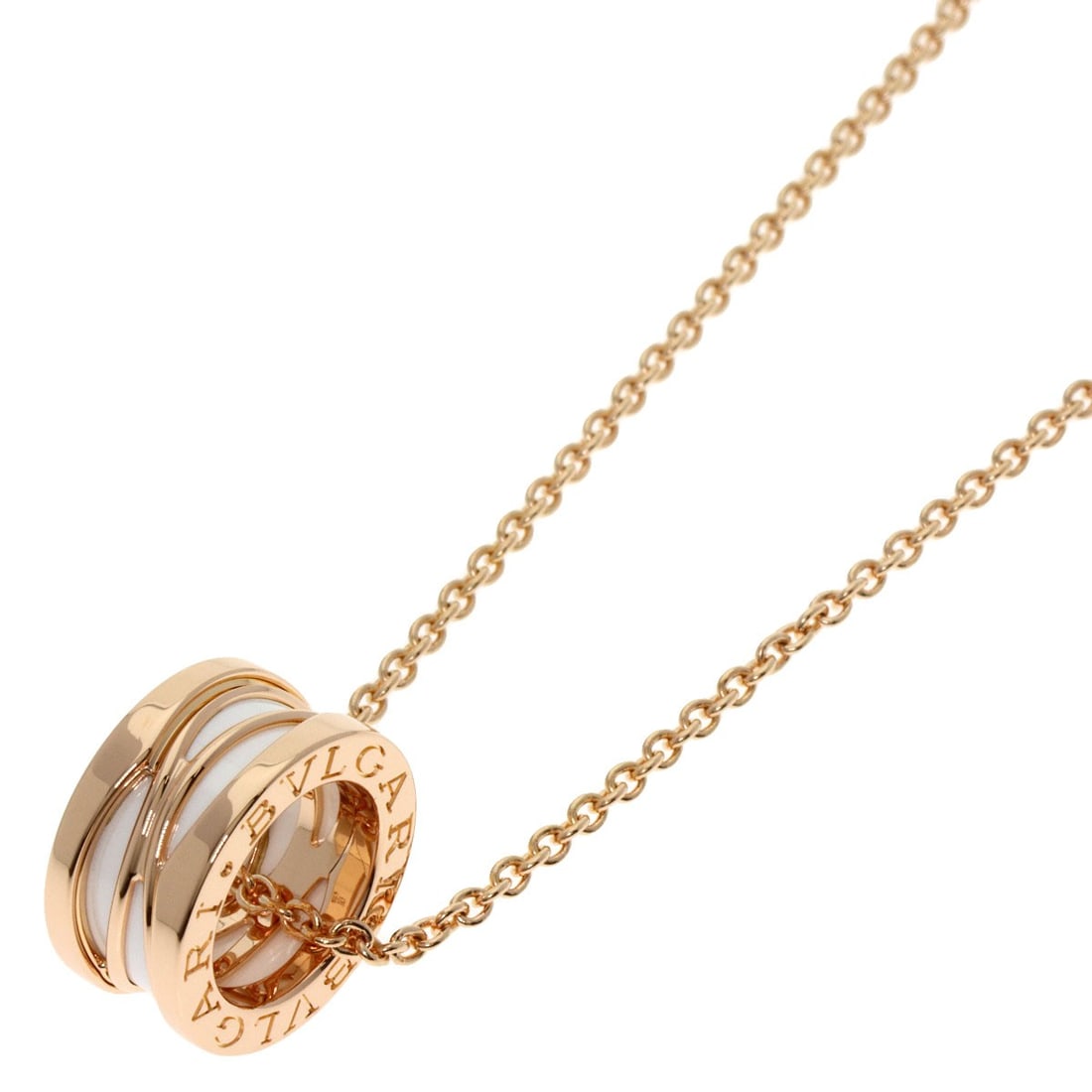 Bvlgari White Ceramic Necklace Pink Gold K18 Legend: Bvlgari White Ceramic Necklace Pink Gold K18 Legend Bvlgari's White Ceramic Necklace is a stunning piece featuring K18 Pink Gold. This 18.1-inch necklace boasts a sleek design and a gold metal