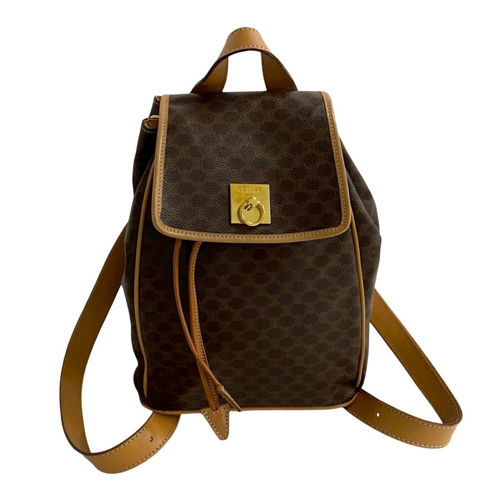 PVC Backpack Leather Celine: PVC Backpack Leather Celine This Celine PVC Backpack features a unique combination of leather and PVC materials, presented in a rich brown color. Measuring 29cm x 20.5cm x 11.5cm, it offers a compact