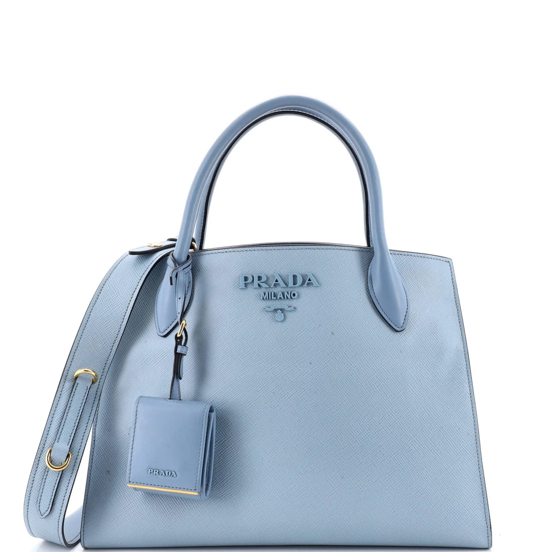 Calf City Saffiano Medium Tote Monochrome Prada: Calf City Saffiano Medium Tote Monochrome Prada Blue Saffiano leather Monochrome Tote with City Calf Medium exterior, featuring a clochette with strap and gold hardware, measures 10" high, 13" wide,