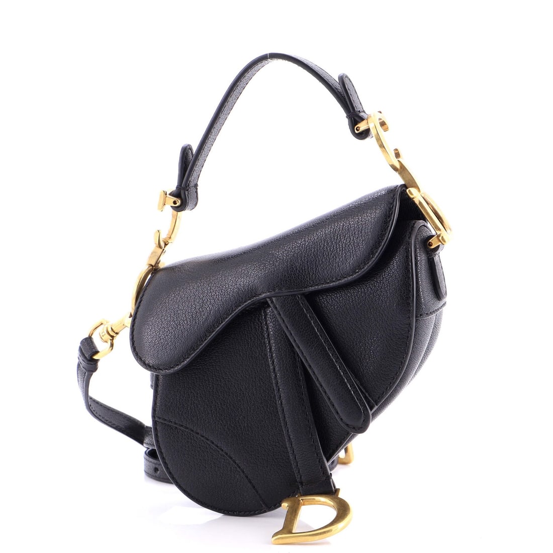 Saddle Handbag Leather Strap with Micro Christian Dior: Saddle Handbag Leather Strap with Micro Christian Dior Saddle Handbag Leather Strap with Micro Christian Dior features a sleek black leather exterior with a subtle aged gold hardware accent. The