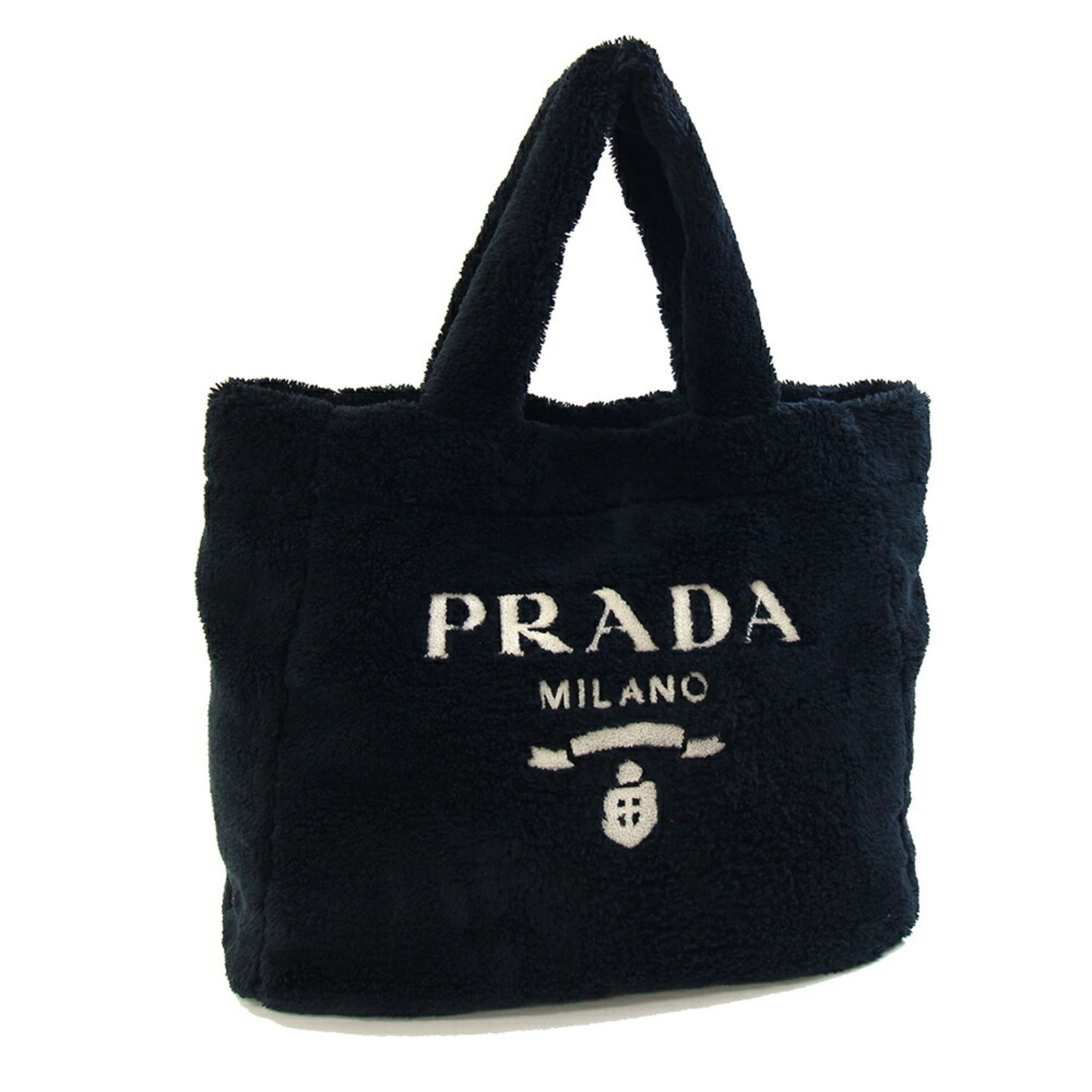 Polyester Prada Tote: Polyester Prada Tote Polyester Prada Tote: A stylish and compact tote bag from Prada, made from durable polyester and available in three neutral colors: Bianco, Black, and Nero. Measuring 34cm x 41cm 