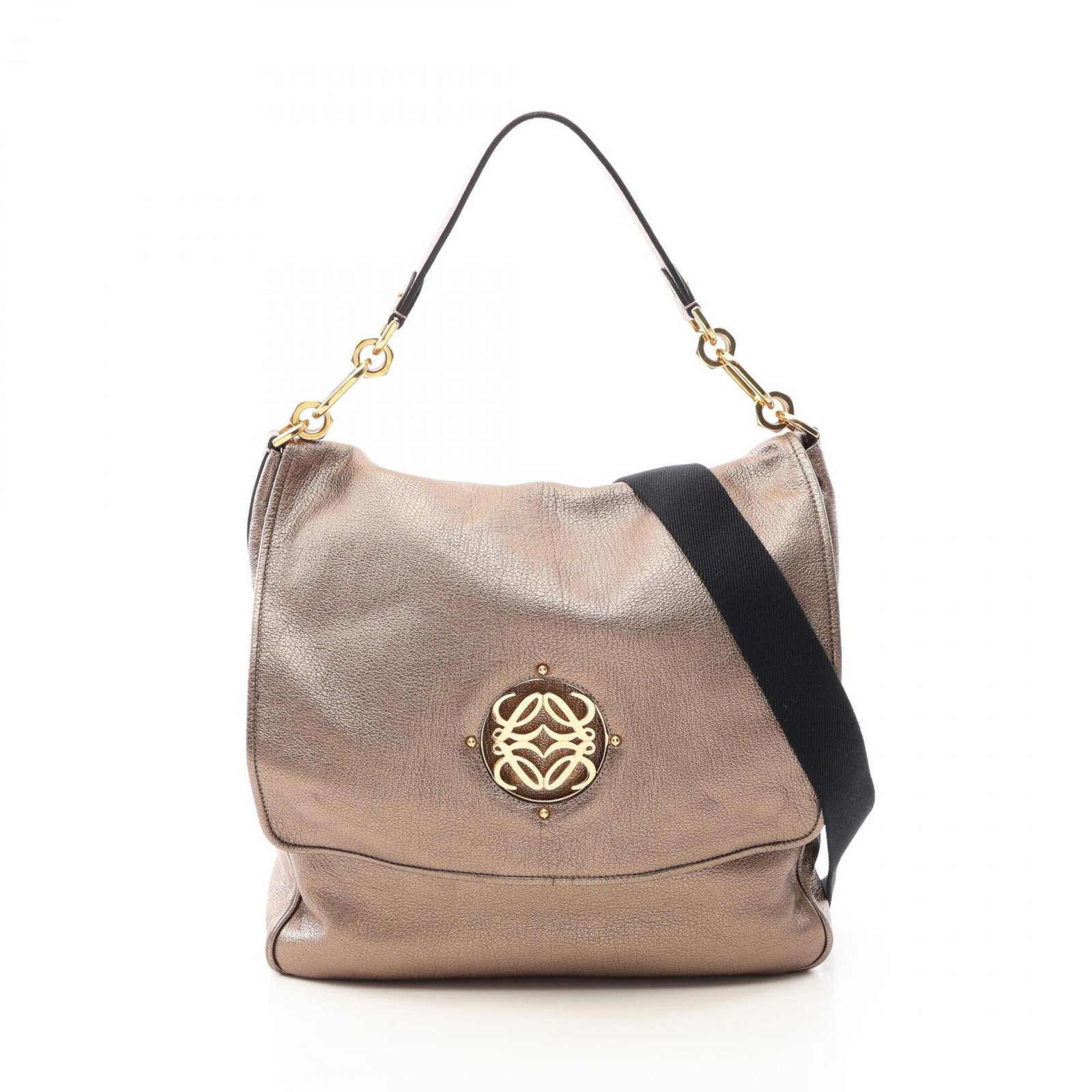 Shoulder Bag Leather Loewe Handbag: Shoulder Bag Leather Loewe Handbag Gold, Metallic Leather Shoulder Bag from Loewe, 33cm x 33cm x 10cm. This shoulder bag boasts a striking metallic gold leather exterior, perfectly balanced in size