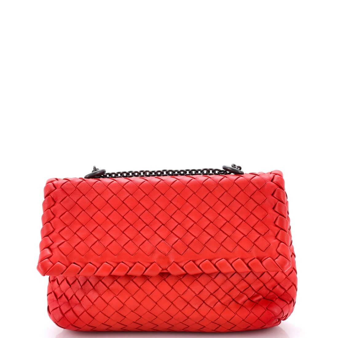 Intrecciato Baby Crossbody Olimpia Nappa Bag Veneta Bottega: Intrecciato Baby Crossbody Olimpia Nappa Bag Veneta Bottega Red Intrecciato Nappa exterior, suede interior, and gun metal hardware define this Bottega Veneta Olimpia Crossbody Bag. The bag's