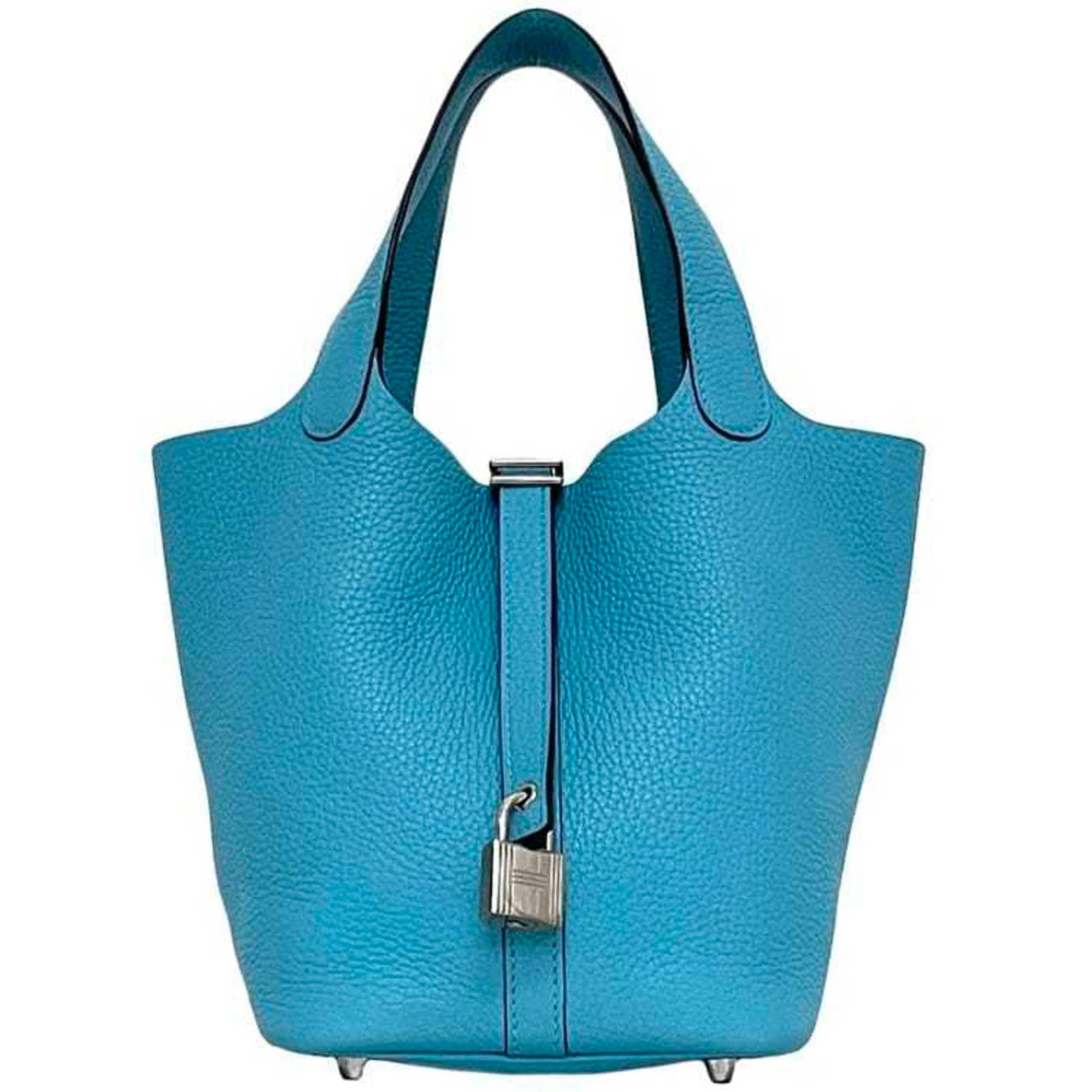 Clemence Handbag Leather Hermes Taurillon: Clemence Handbag Leather Hermes Taurillon The Clemence Handbag features a unique Taurillon clemence leather in a striking blue jean and light blue color combination. This stylish handbag measures