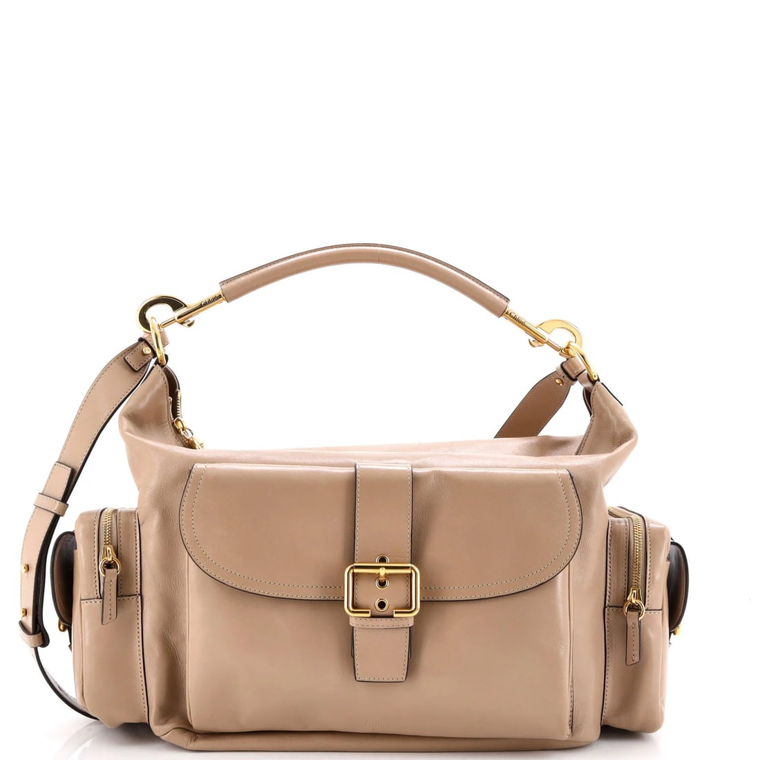 Large Leather Chloe Shoulder Bag: Large Leather Chloe Shoulder Bag Neutral-colored leather Chloe shoulder bag with a large size and extra strap for added convenience. The bag features minor scuffs and creases on the exterior, and mino