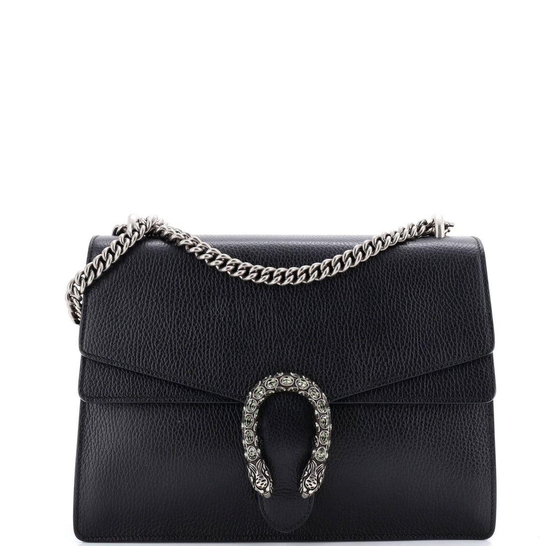 Medium leather Dionysus bag Gucci: Medium leather Dionysus bag Gucci Black leather Dionysus bag from Gucci, featuring a medium size with a 14" strap drop and 8" handle drop. The exterior shows minor cracking, creases, and edge wear,