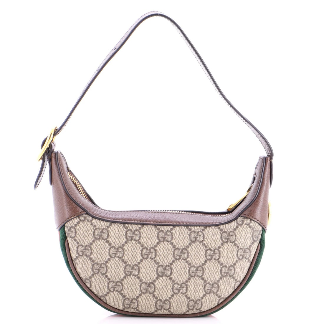 Ophidia Half Moon Bag Coated Canvas GG Mini: Ophidia Half Moon Bag Coated Canvas GG Mini The Ophidia Half Moon Bag Coated Canvas GG Mini boasts a rich, brown canvas exterior with subtle scuffs and edge wear, giving it a well-loved, vintage