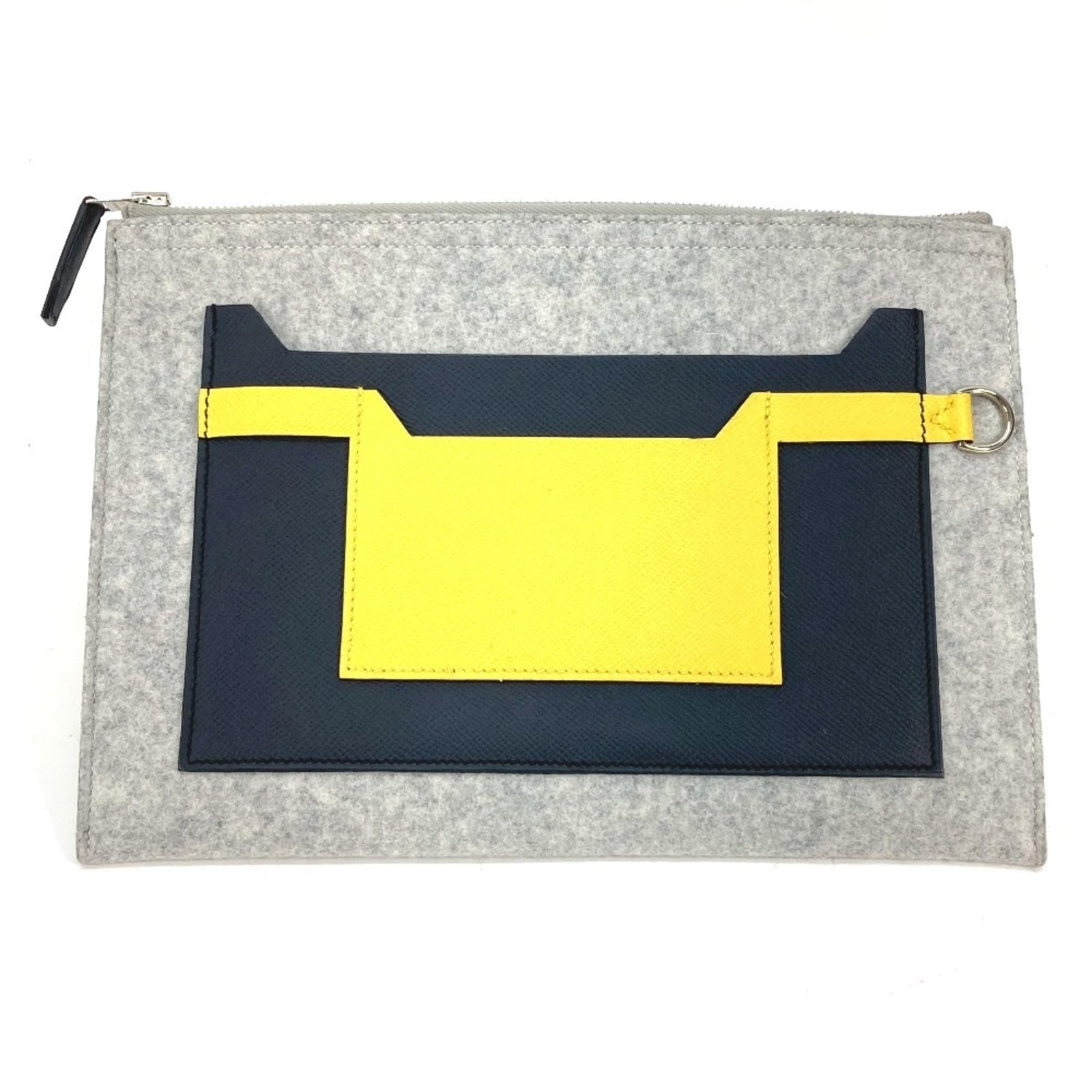Felt Leather Epsom Pouch Bag Clutch Hermes: Felt Leather Epsom Pouch Bag Clutch Hermes Felt Leather Epsom Pouch Bag Clutch Hermes in Gray and Yellow. This Epsom pouch bag clutch features a unique combination of felt and Epsom leather, with an