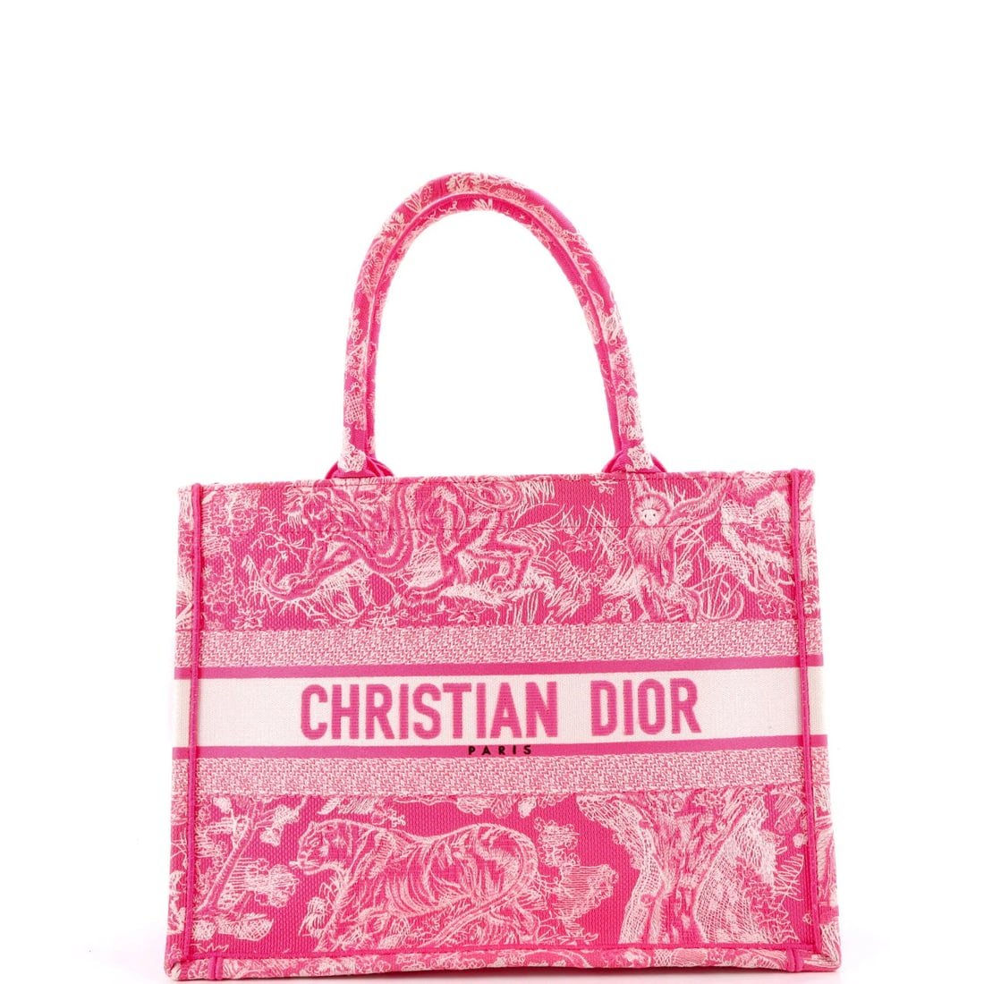 Canvas Embroidered Book Medium Christian Dior Tote: Canvas Embroidered Book Medium Christian Dior Tote Canvas Embroidered Book Medium Christian Dior Tote features a striking pink canvas exterior with elegant embroidery, showcasing a sophisticated desig