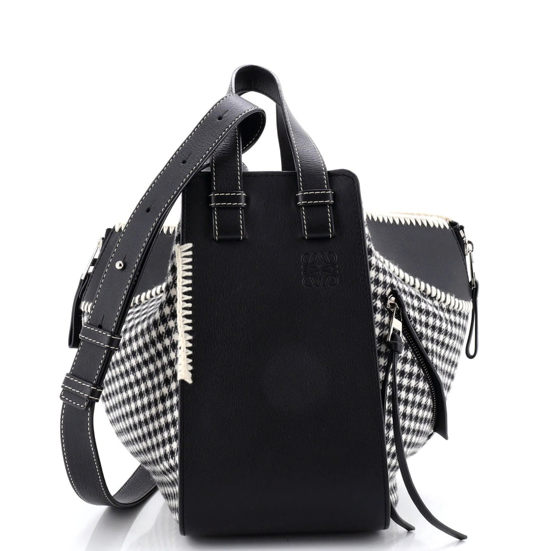Hammock Bag Leather Tweed Small Loewe: Hammock Bag Leather Tweed Small Loewe Small Loewe Leather Tweed Hammock Bag with Top Handle, featuring black exterior and interior, and silver hardware. This small bag boasts a classic design with a