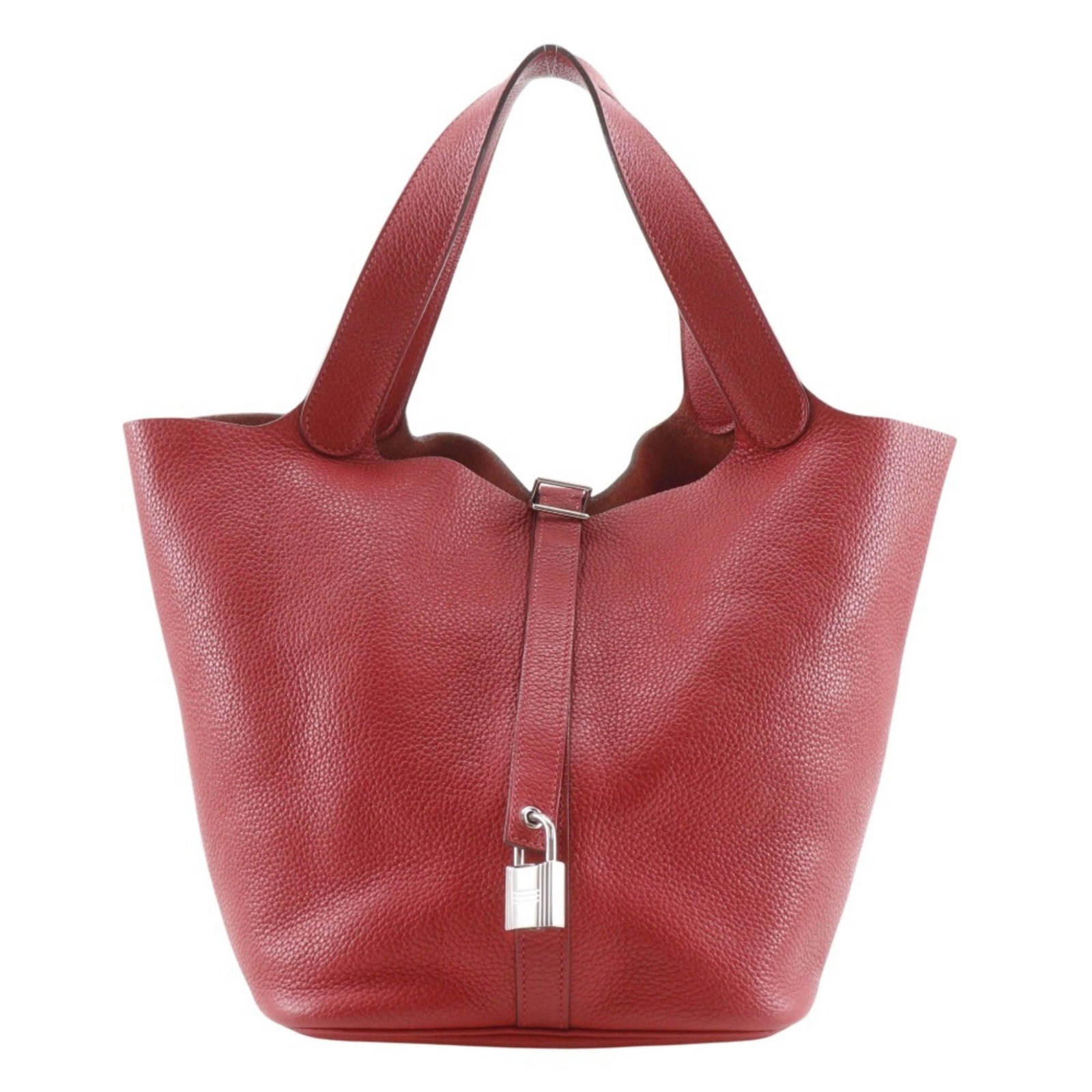 Clemence Leather Handbag Taurillon Hermes: Clemence Leather Handbag Taurillon Hermes Taurillon clemence leather handbag from Hermes, featuring a striking red color, with dimensions of 25cm x 26cm x 21cm. This stylish bag boasts a unique design