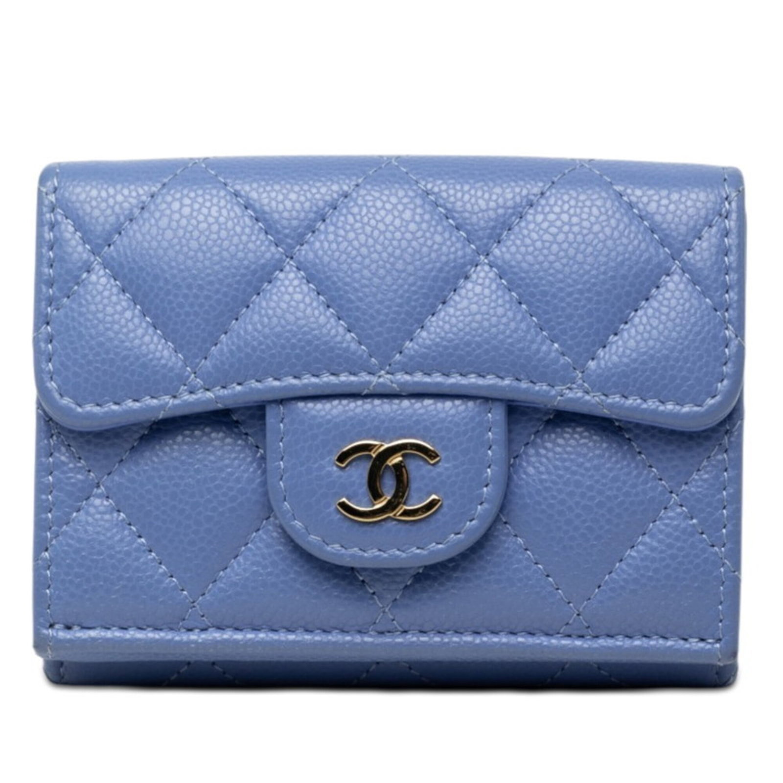Chanel Wallet (Tri-Fold) Grained Calfskin: Chanel Wallet (Tri-Fold) Grained Calfskin This Chanel wallet is crafted from high-quality, grained calfskin in a stunning blue hue. Its classic tri-fold design provides ample space for organization,