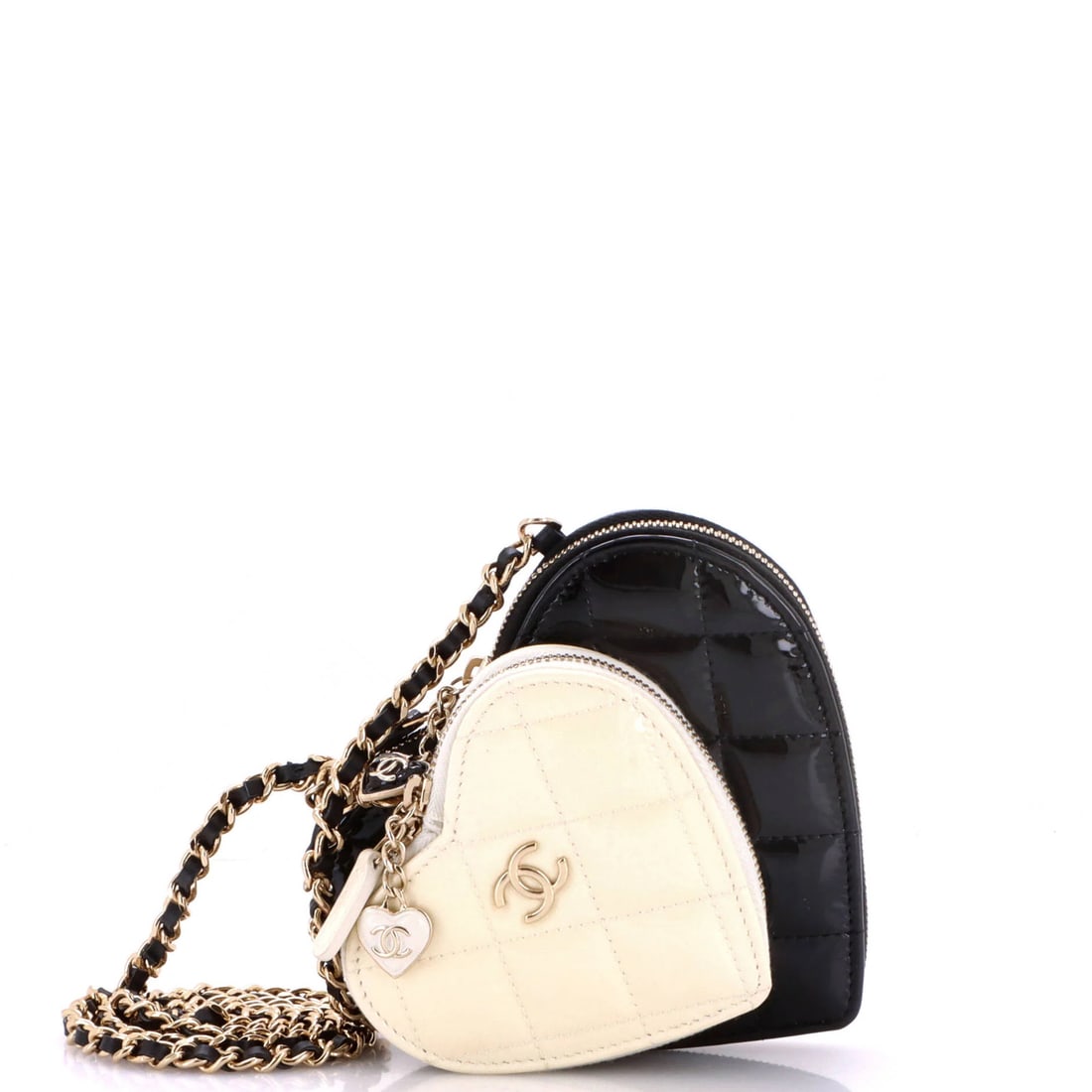 Quilted Patent Chain Clutch with Double Heart: Quilted Patent Chain Clutch with Double Heart Patent leather exterior gives this Double Heart Clutch with Chain a sleek, sophisticated look. The quilted design adds a touch of texture and visual