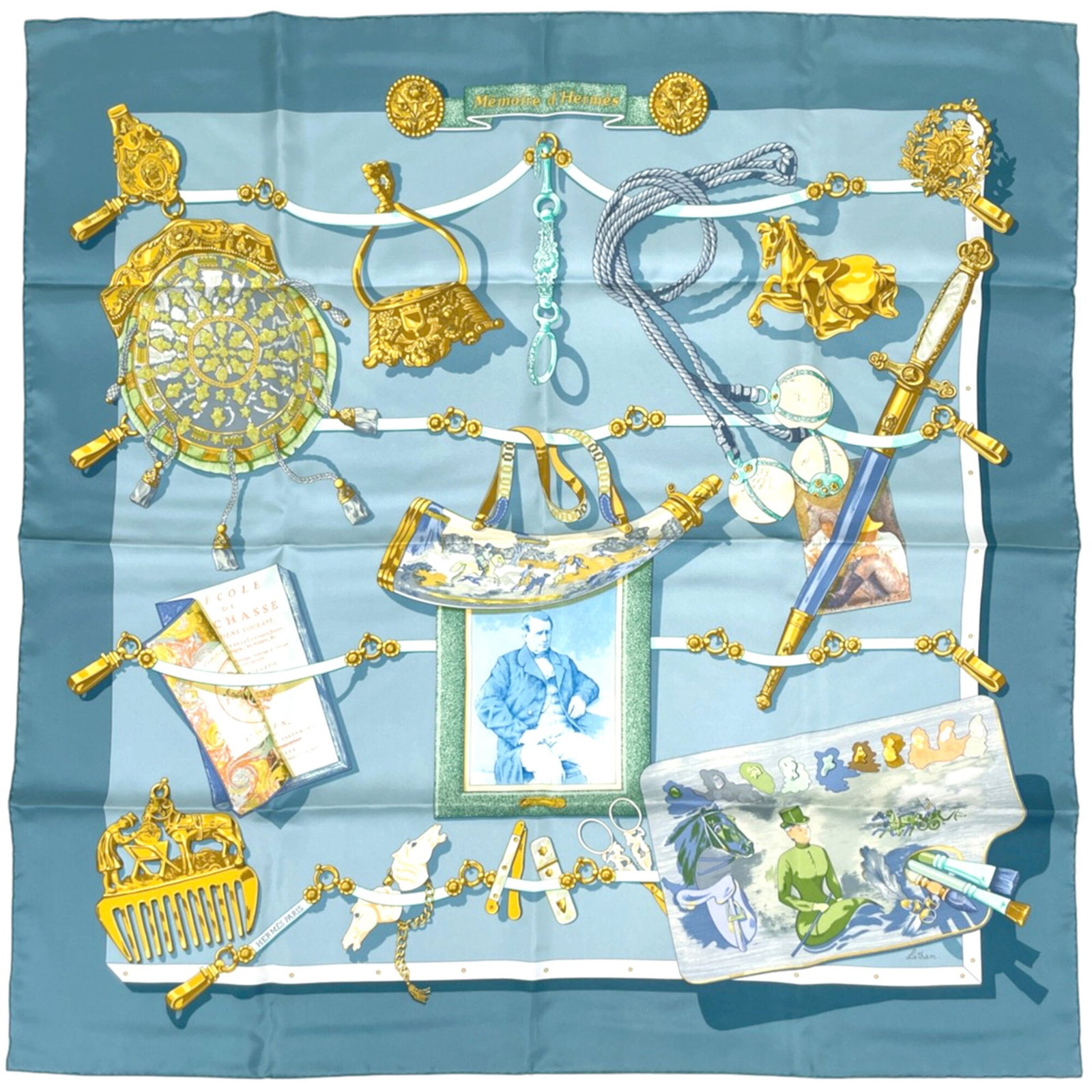 Silk Hermes Scarf: Silk Hermes Scarf Silk from renowned French fashion house Hermes, this scarf boasts a unique blue and multi-color design. Made from high-quality silk, its 89cm x 89.5cm dimensions make it a statement