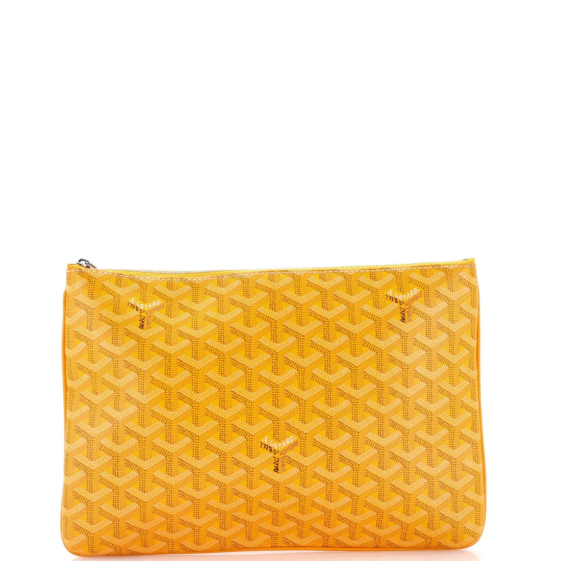 Senat Zip Pouch Goyard Coated Canvas MM: Senat Zip Pouch Goyard Coated Canvas MM Yellow Goyard Coated Canvas Senat Zip Pouch MM, featuring a classic coated canvas design with a sturdy silver zip and a bright yellow interior, measures 8"