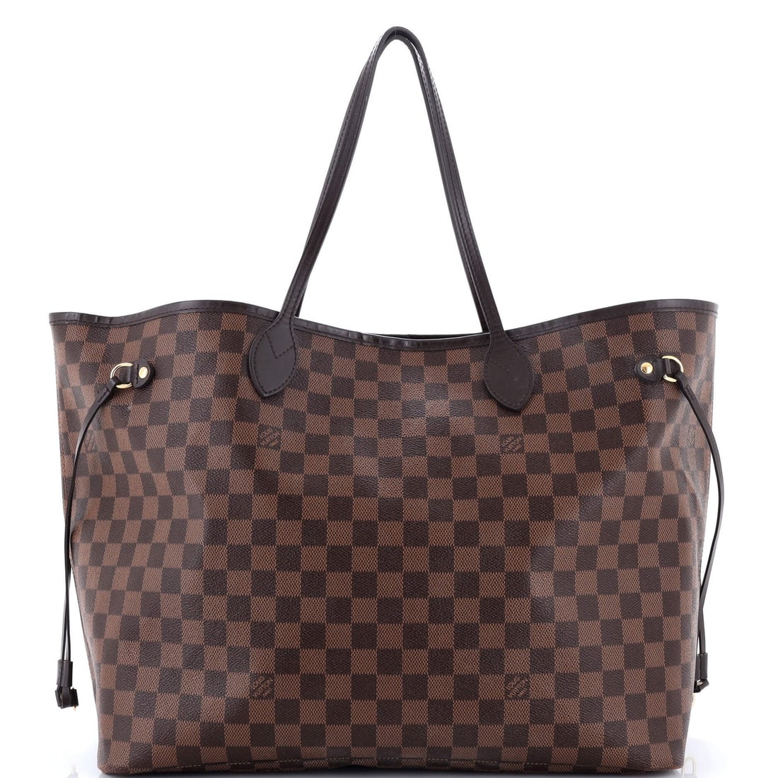 Damier GM Tote Neverfull Vuitton Louis: Damier GM Tote Neverfull Vuitton Louis Brown Damier GM canvas coated Louis Vuitton Neverfull NM tote with heavy corner wear, edge wear, and scuffs, featuring a gold-toned hardware and a red interior p
