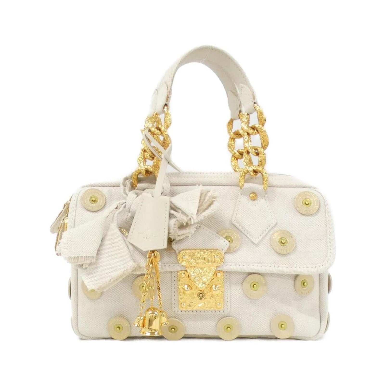 Canvas Handbag Louis Vuitton: Canvas Handbag Louis Vuitton Canvas Handbag in LV Off White, featuring a classic design with gold hardware and a charming charm, clochette, and dust bag included. This stylish handbag measures 17cm x