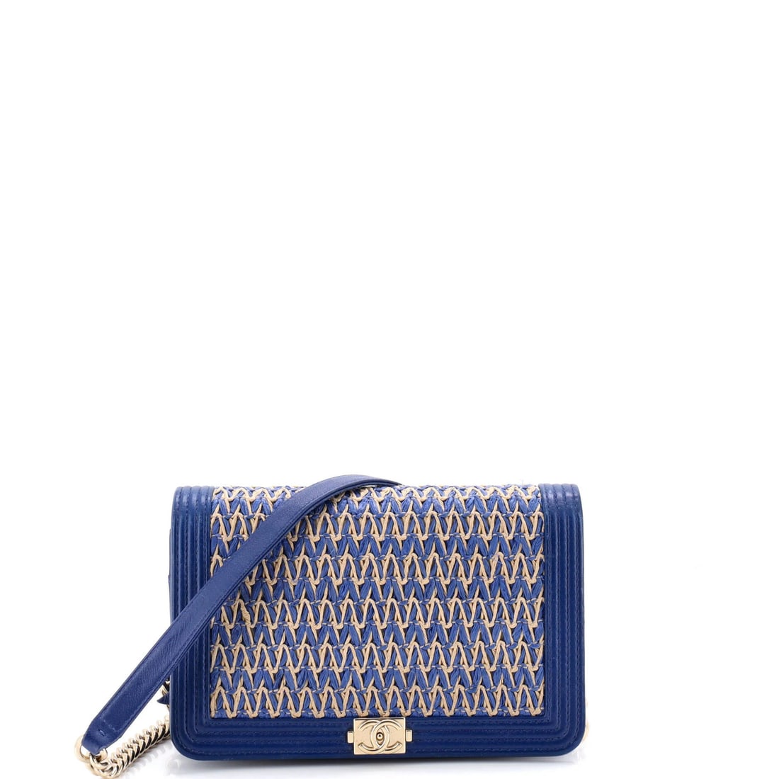 Chanel Boy Flap Bag Chevron Woven Raffia and Leather Old Medium: Chanel Boy Flap Bag Chevron Woven Raffia and Leather Old Medium The Chanel Boy Flap Bag Chevron Woven Raffia and Leather Old Medium boasts a striking blue exterior with a unique blend of leather and