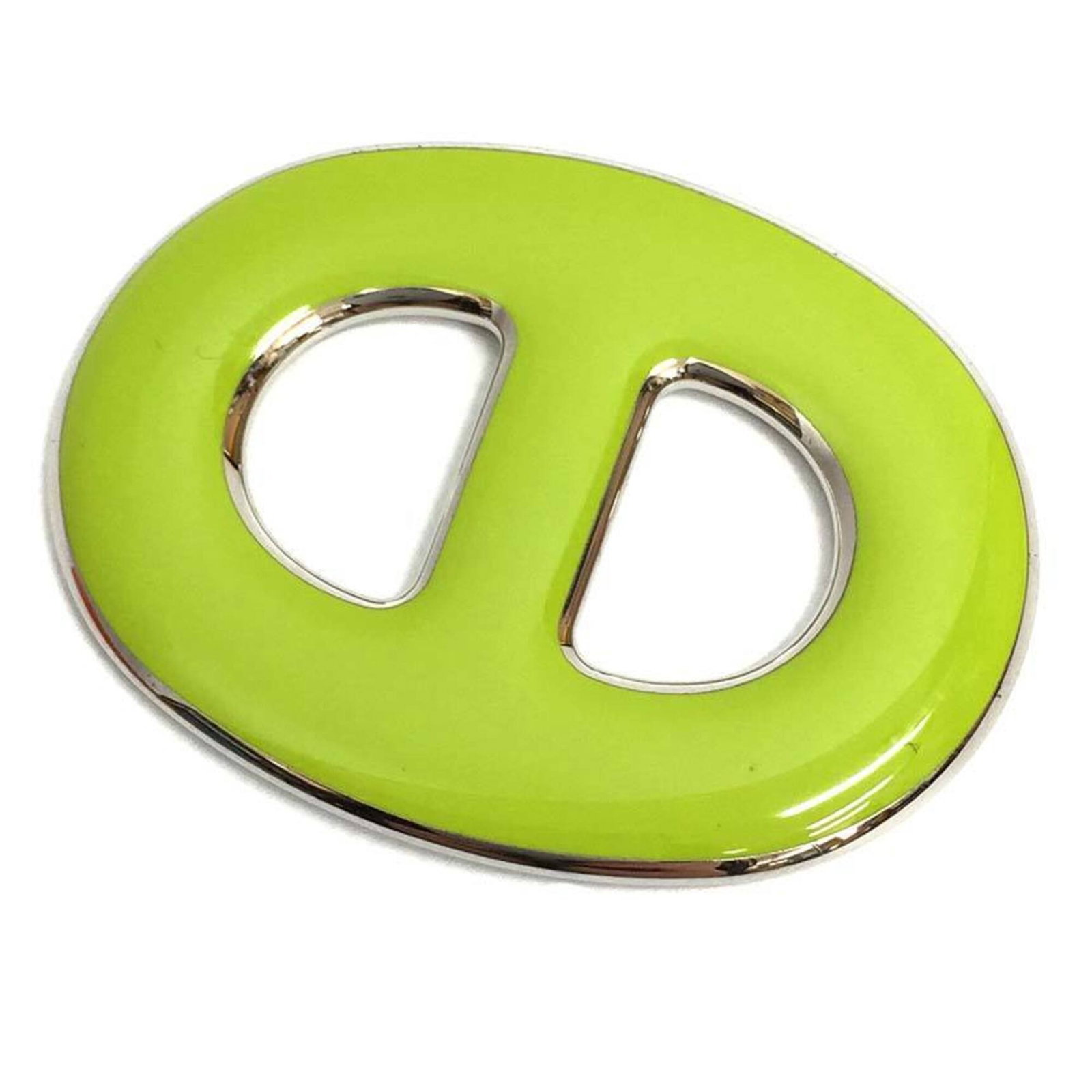 Hermes Ring Scarf: Hermes Ring Scarf The Hermes Ring Scarf is a vibrant lime green accessory, measuring 3.8cm x 4.8cm in size. This compact scarf ring bears a signature, adding a touch of elegance to any outfit. Its