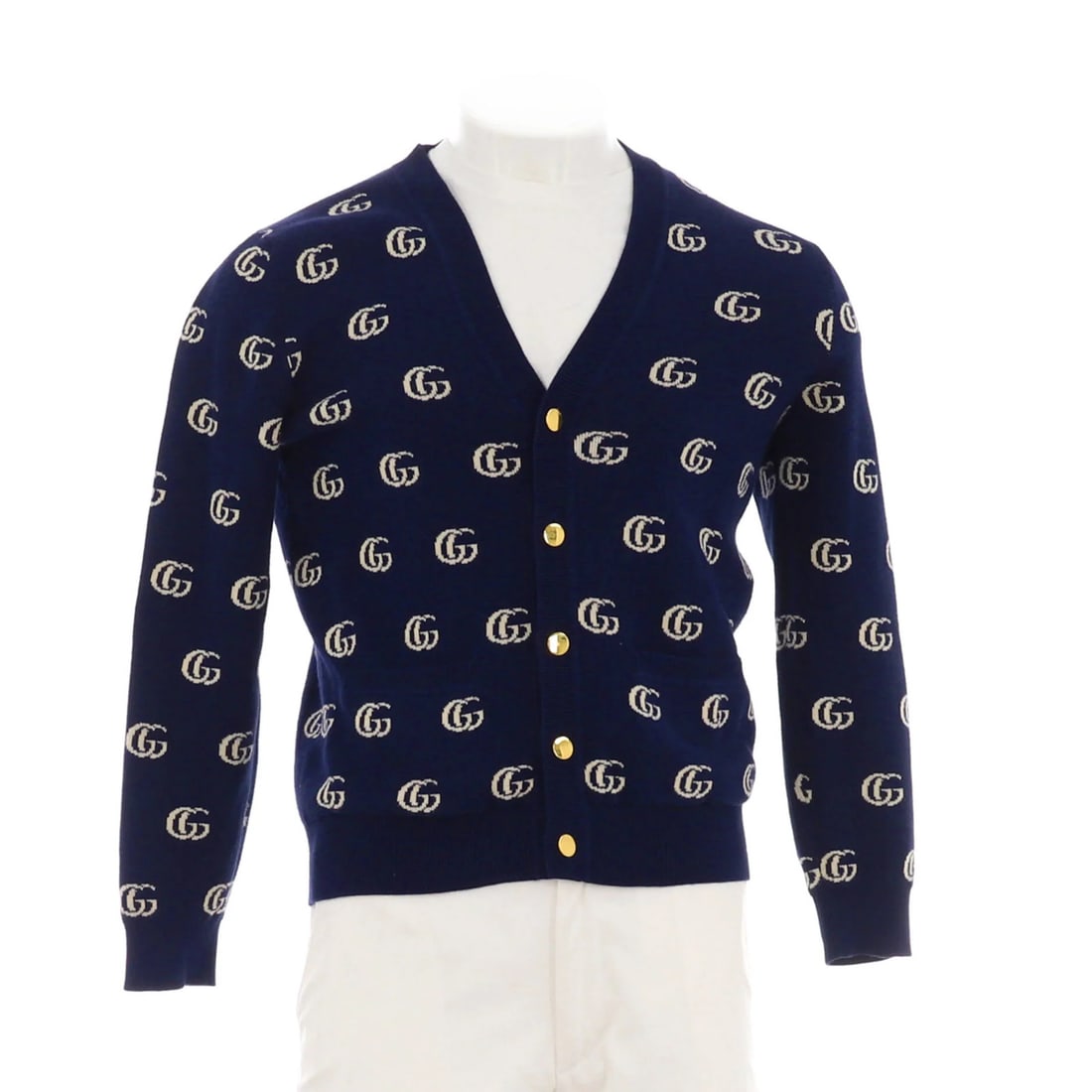 Men's Cardigan Cotton V-Neck Gucci GG: Men's Cardigan Cotton V-Neck Gucci GG Men's Cardigan Cotton V-Neck Gucci GG in blue, featuring a cotton exterior and interior, with gold hardware and a classic V-neck design. This cardigan boasts a ti