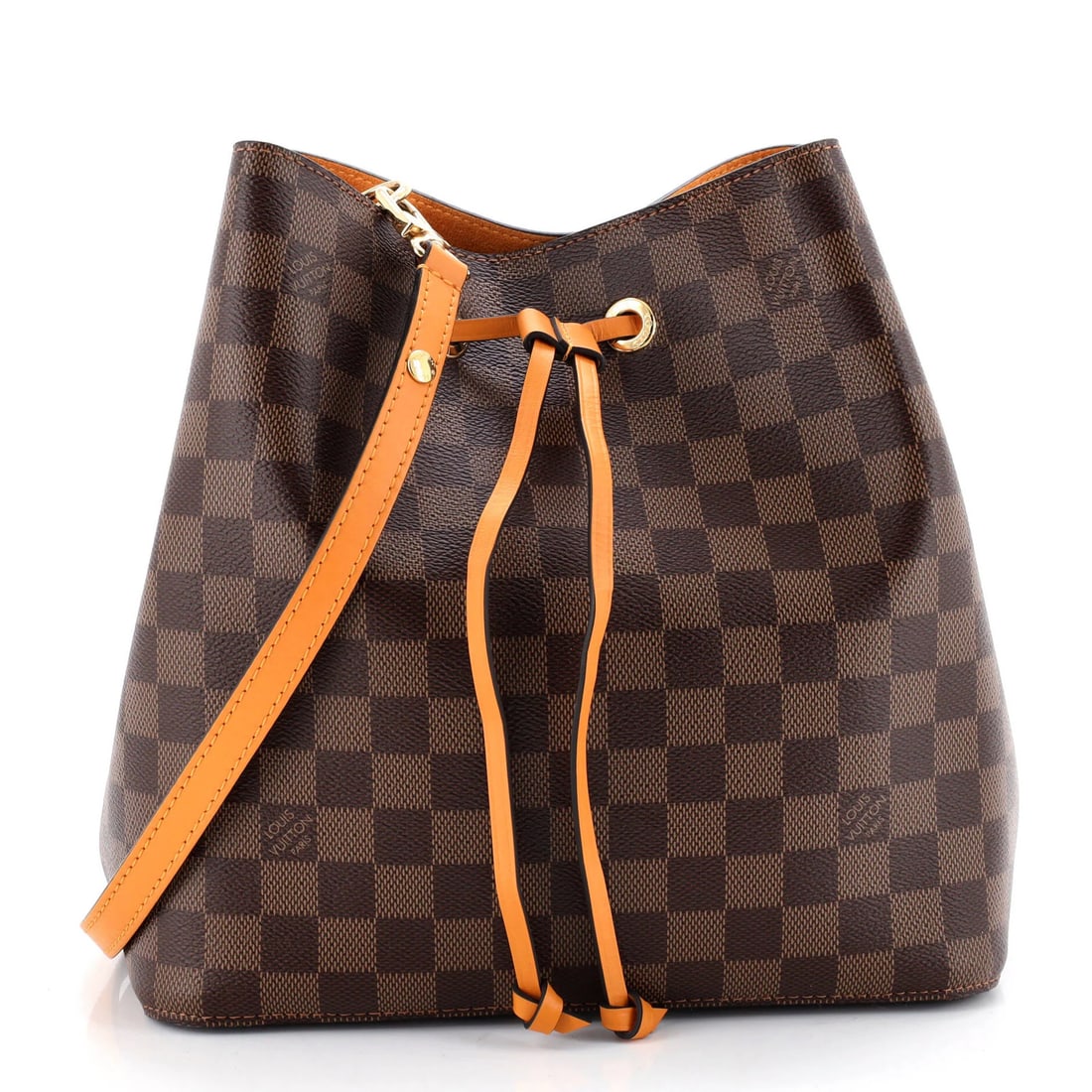 Louis Vuitton NeoNoe Handbag Damier with Leather MM: Louis Vuitton NeoNoe Handbag Damier with Leather MM Orange Damier with Leather MM details this Louis Vuitton NeoNoe handbag, featuring a canvas coated leather exterior with minor creases and a gold